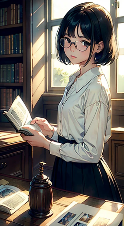 (top-quality、masterpiece)、(Watercolor in Sargent style)、(David Hamilton Style)、(softfocus)、Cinema Angle、ciinematic light、softlight、1girl in、、A stunning、Short black hair、Black eyes、Glasses, Eyes and faces with detailed、tiny chest、校服、long skirt、 (old library), (Reading a book, Focused), (Sunlight streaming through the window), (serene ambiance), (Vintage, classical),