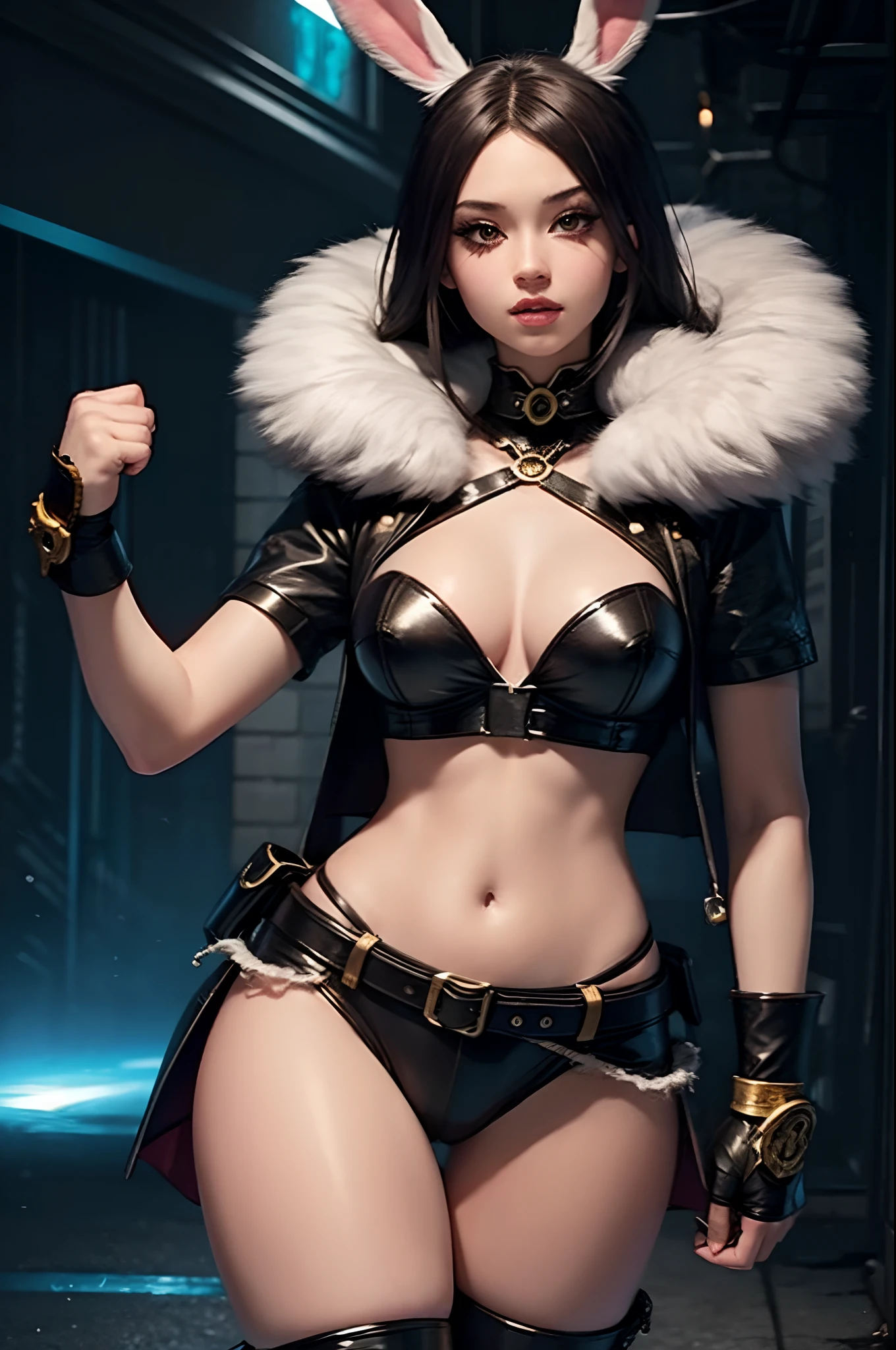 1girl, martial artist, fighting game character, fantasy sci-fi, waifu, Bratty, Bunny girl, furry girl, furry doll, plump lips, confident expression, badass, strong girl, expert.