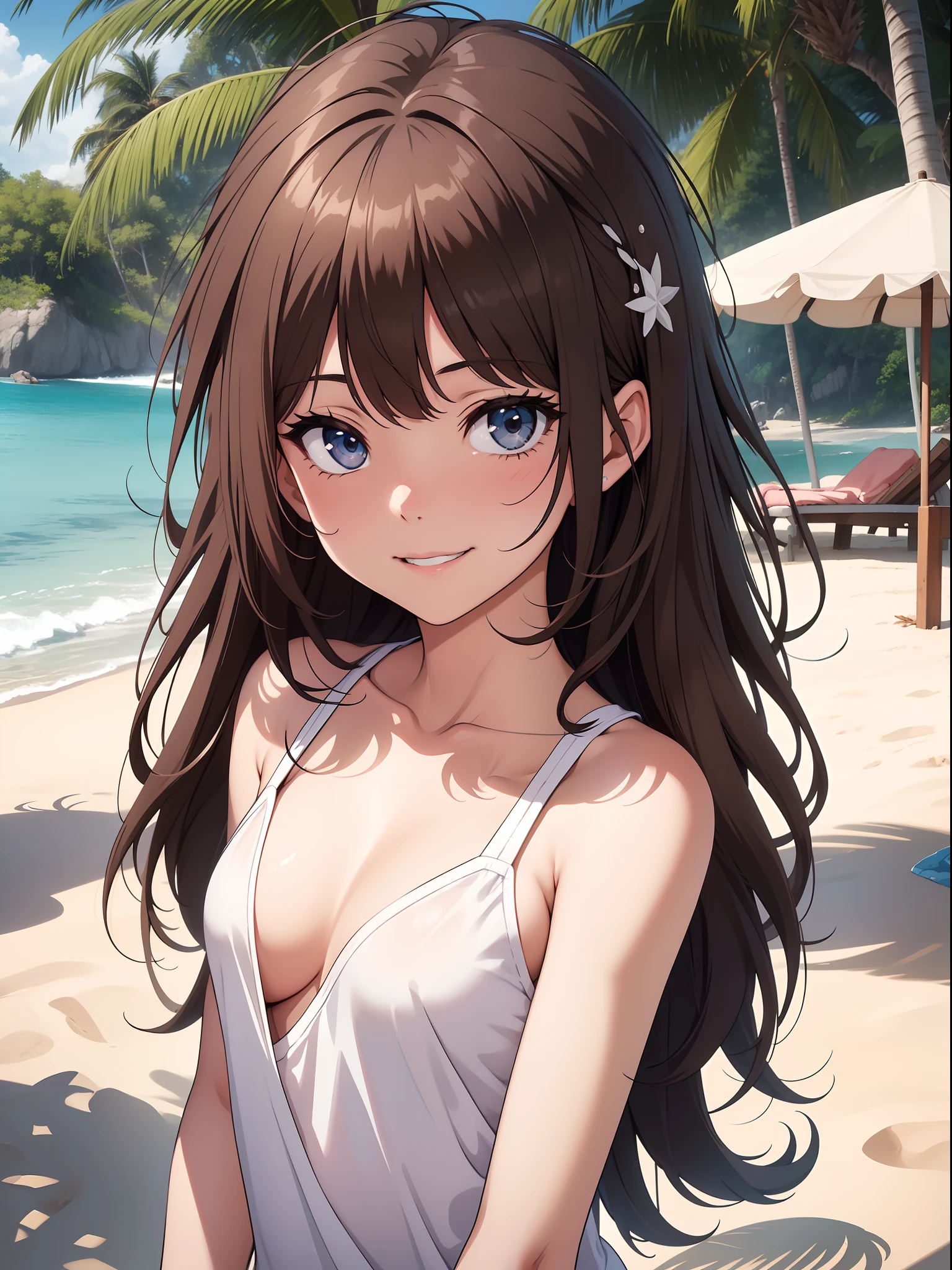 Official art、Top quality ultra-detailed CG art、barechested：１.２）、Brown hair、lively girl、white t-shirts、Transcendent Cute、kirakira、ssmile、Hide and seek、the beach、clean、A smile