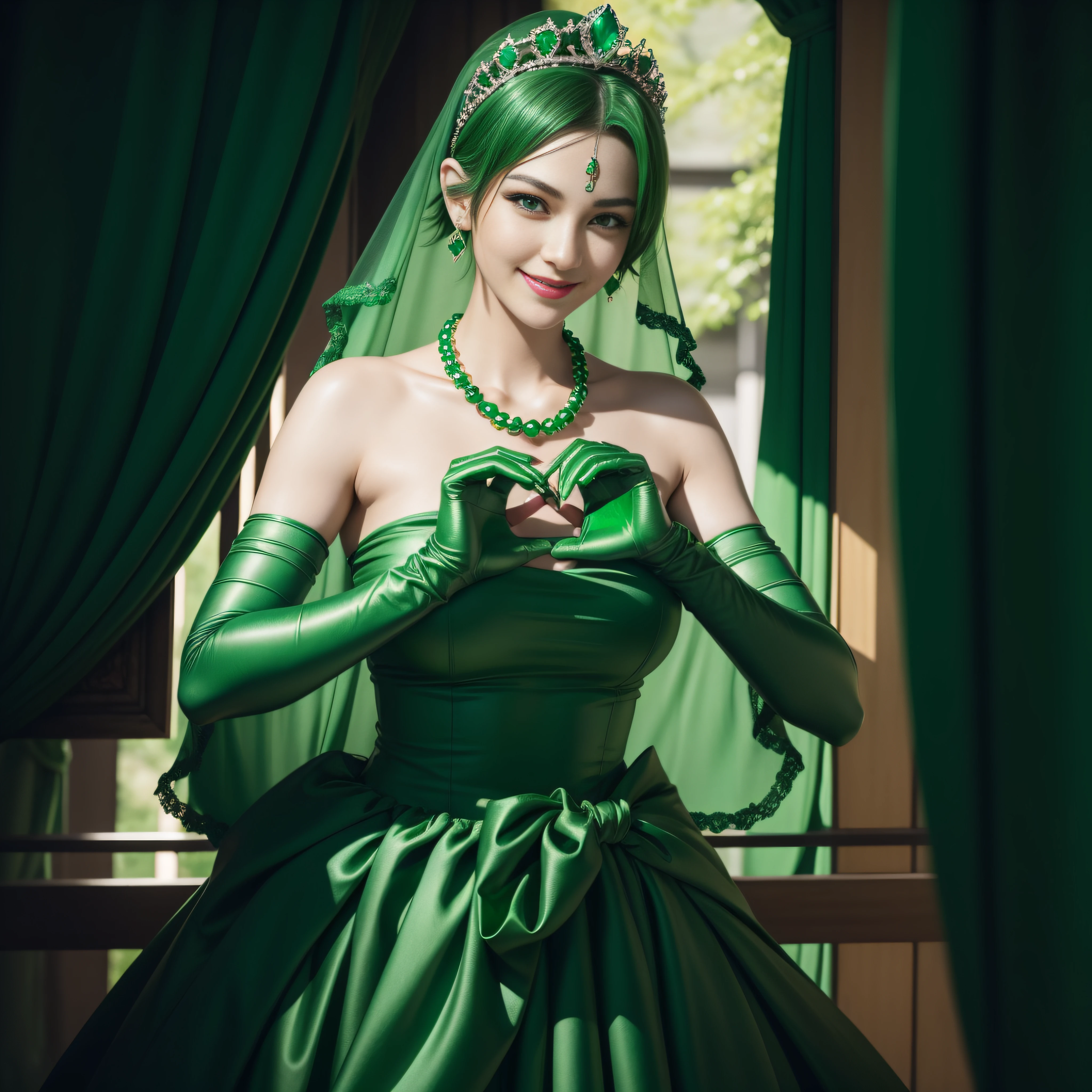 emerald tiara, Green Pearl Necklace, Boyish very short green hair, lipsticks, Japan woman smiling, very short short hair, big breasts beautiful, Green eyes, Long green gloves made of satin material, Green eyes, Emerald Earrings, green vale, Heart with both hands