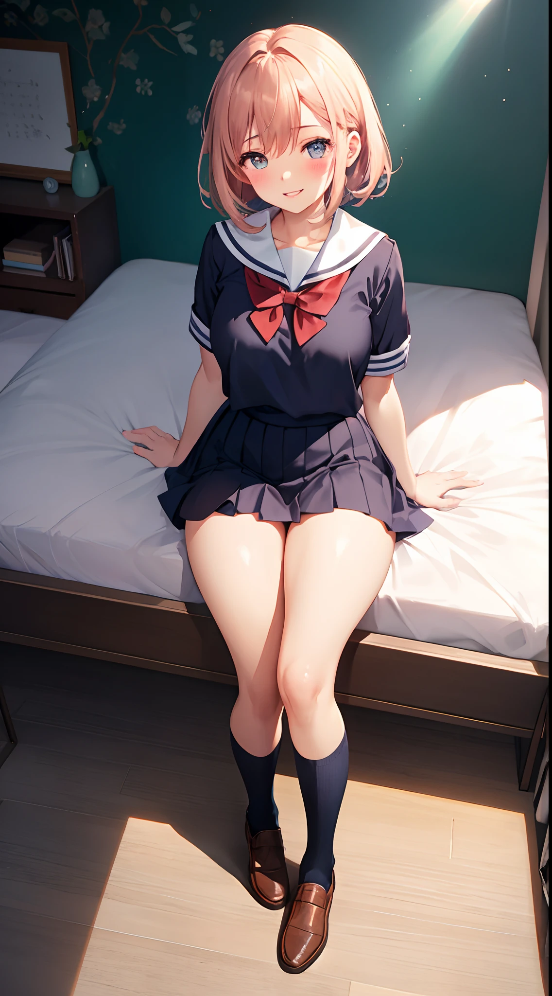 nsfw, (8k、Best image quality、Highest quality、masterpiece)、Detailed face、Detailed Background, Improve、A beautiful 35 year old woman, (Light Brown Hair:1.3), Long wavy hair, blunt bang, (Brown eyes:1.), Big Tits, Big Ass, (Short sleeve white shirt:1.3), (Sailor collar:1.3), (Navy blue pleated mini skirt:1.5), Gold Necklace, Earrings, (A tense look:1.5), (Blushing:1.4), (looking away:1.2), Bedroom, The floor is carpeted in brown, (Sit on the edge of the bed:1.5), Dim lighting, spread legs, (Have a skirt:1.2), (Lifting her skirt to show her panties:1.5), (Black lace panties:1.3), (lift skirt:1.3), (show off panties), (panties visible), from front, full body