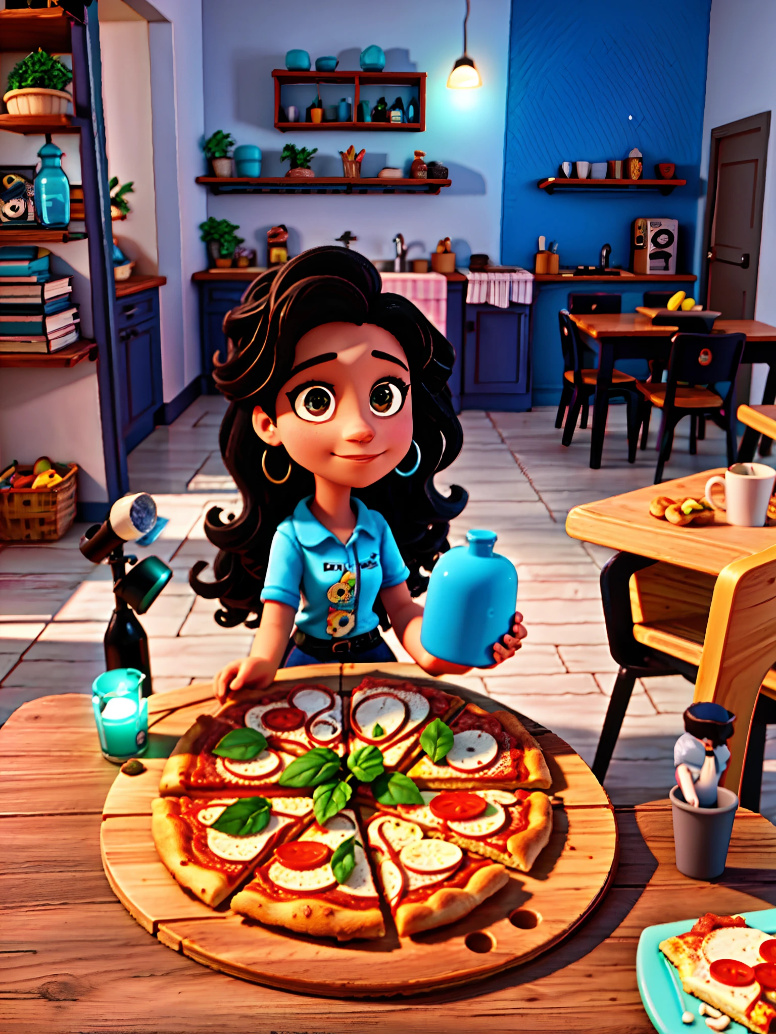 Personagem Disney mulher cabelo preto, segurando uma pizza com uma janela ao fundo de vidro e uma vista iluminada