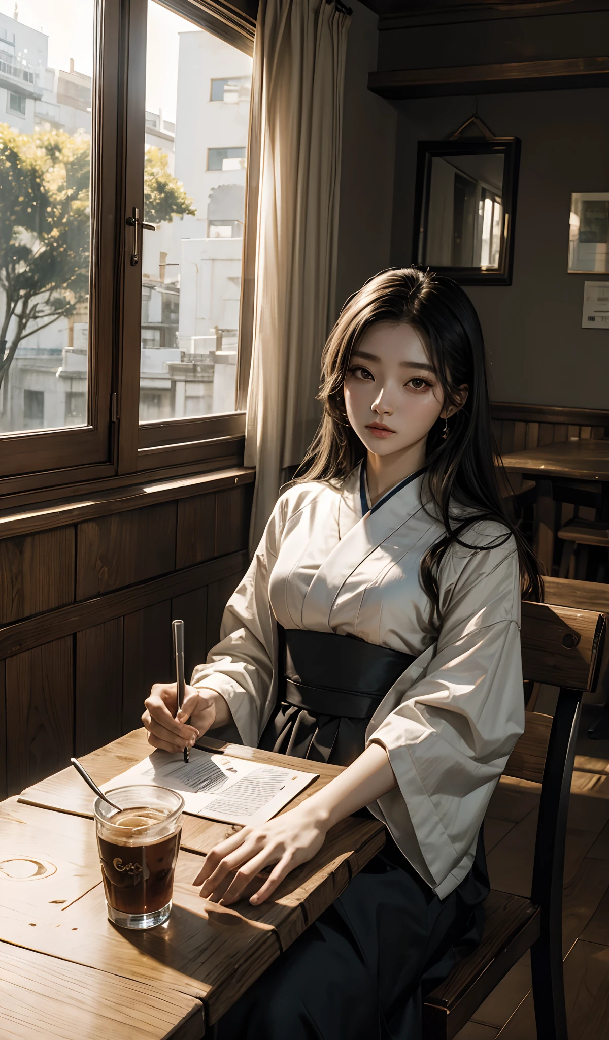 Photo of Leegahyeon's Korean woman in the café sitting at the table holding the sunlight from the café window, cabelos azuis, dynamic pose, textura da pele, pale skin, pele brilhante, (esguio, pequeno:1.2), [:(face sharp focus, Rosto detalhado, olhos perfeitos, Olhando para o Viewer:1.2):0.2], fotorrealista, filmic grain, best quality, master part