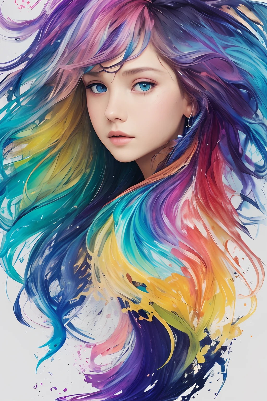 Colorful beautiful girl: a giru 8-years old, messy hair, oil painting, nice perfect face with soft skinice perfect face, blue yellow colors, light purple and violet additions, light red additions, intricate detail, splash screen, 8k resolution, masterpiece, cute face,artstation digital painting smooth veryBlack ink flow: 8k resolution photorealistic masterpiece: intricately detailed fluid gouache painting: by Jean Baptiste Mongue: calligraphy: acrylic: watercolor art, professional photography, natural lighting, volumetric lighting maximalist photoillustration: by marton bobzert:, complex, elegant, expansive, fantastical, wavy hair, vibrant --auto --s2