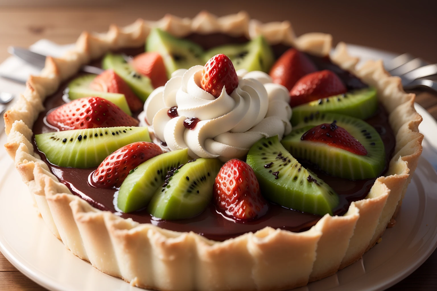 pastel, Fresh Cream Tartle with fruit Fruit jam, strawberry tart, kiwi, chocolate with honey, yummy, yummy cut 1 Cut