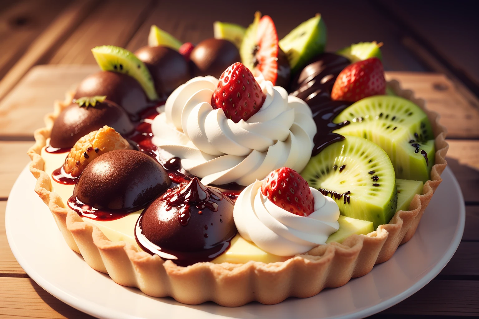 pastel, Fresh Cream　Tartle with fruit　Fruit jam, strawberry tart, kiwi, chocolate with honey, yummy, yummy　cut　1 Cut