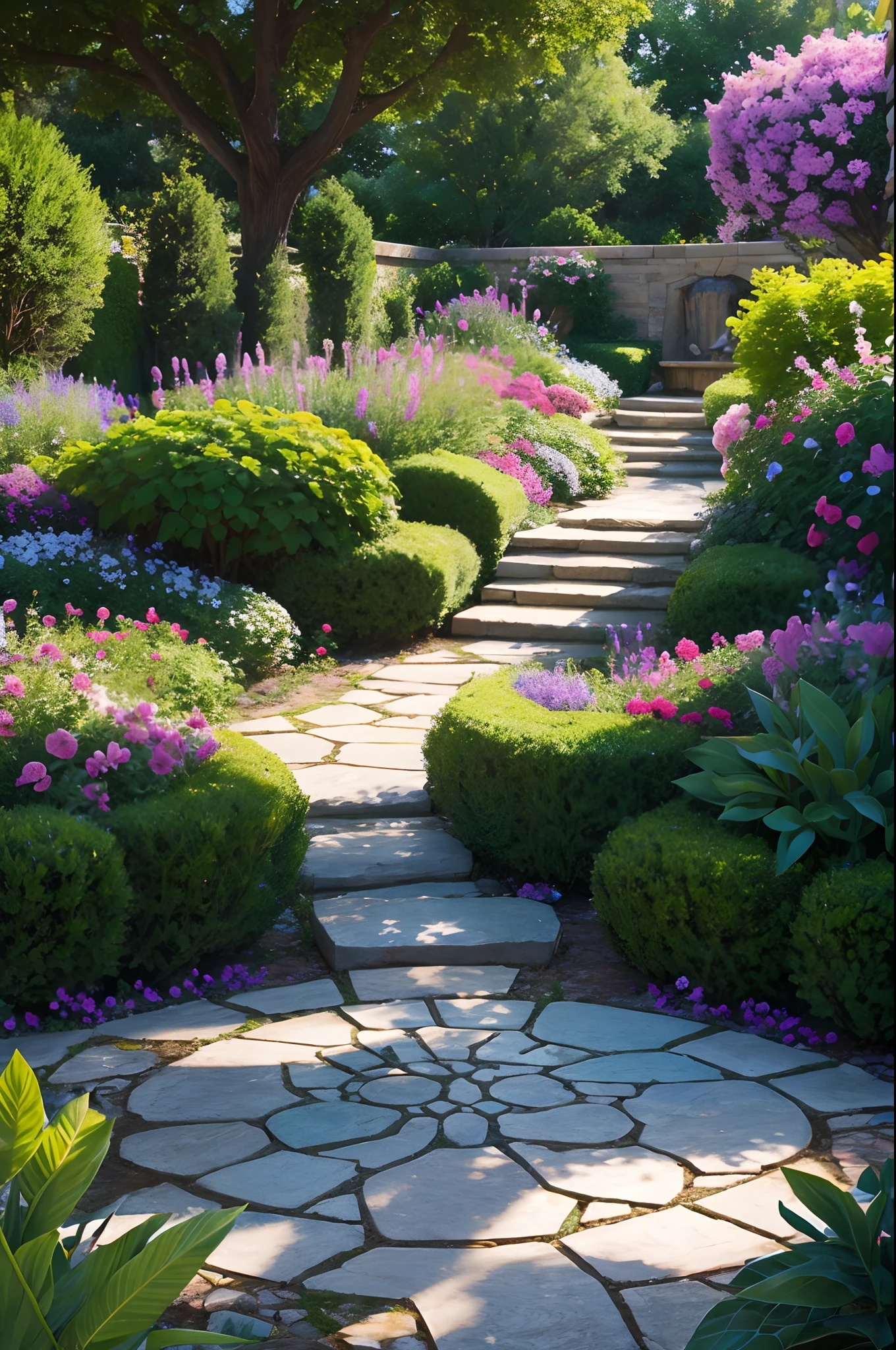 peaceful garden, vibrant colors, divine light, orgone energy, love energy,