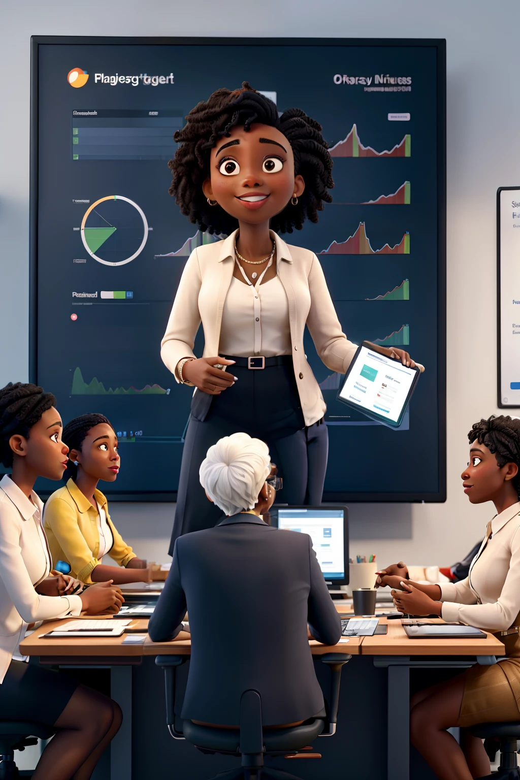 masterpiece, best quality ,Diverse Office Conference Room Meeting: Successful Black Female Executive Director Presents e-Commerce Fintech Growth Statistics to a Group of Investors. Whiteboard with Big Data Analysis