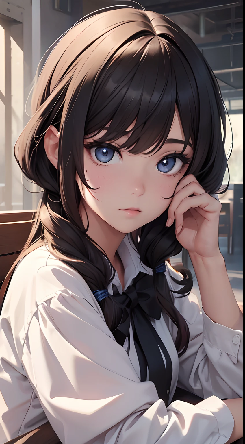 ((8K, top-quality, tmasterpiece, 8K, high resolution, Photorealsitic:1.4,)), (Highly detailed facial and skin texture:1.5), (Original photo, lighting: 1:1), BREAK professional digital painting detailed reflection eyes, Beautiful and cute little face, BREAK 1girl, Solo, (balloon_sleeved_blouse, Checkered, White cargo pants:1), Bow platform sneakers, sittingonchair,Crossed legs, Drink coffee