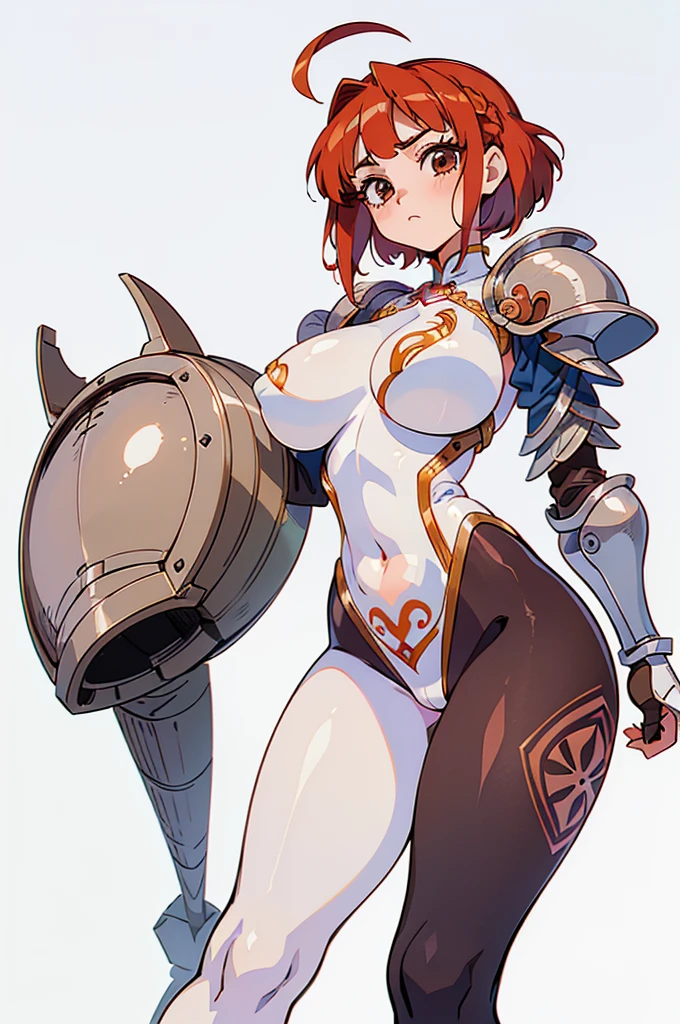 "(masterpiece:1.1), best quality, 
1girl, (80s anime style:1.4), (eyelashes:1.5),
(intricate high detailed body:1.2), 
red hair, 
(forehead:1.2), short blunt bangs, (short hair, french braid:1.1), (hair ribbon:1.2), 
brown eyes, 
(pale skin:1.3), (slim body:1.2), (gigantic breasts:1.5),
expressionless, 
(silver embroidery leotard armor, navel cutout, tattoo:1.2), (pantyhose:1.3), 
(knight armor, armored boots:1.2), (mini skirt:1.1), (ahoge:1.2), gloves, 
standing, hand on hip, 
(cowboy shot:1.1), 
(simple white background:1.2)"