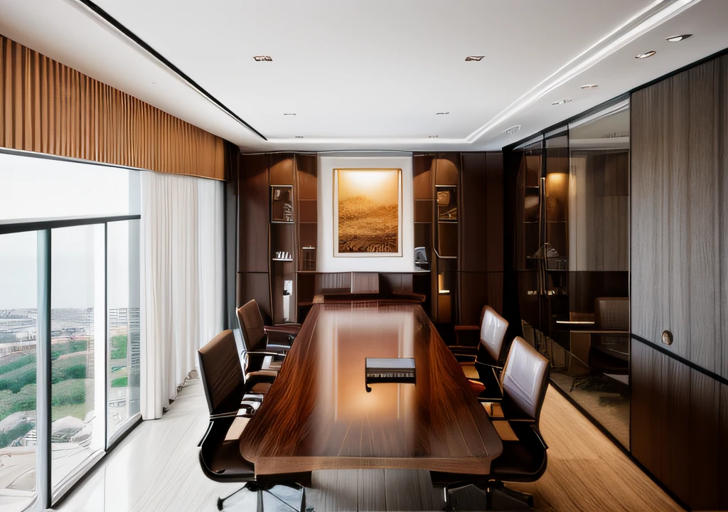 RAW photo, Masterpiece, high quality, best quality, authentic, super detail, interior, one meetting room office style modern, Wooden display cabinet with acrylic cabinet doors, wooden meeting table, glossy gray ceramic tile floor, (Modern minimalist lines:1.2), railing glass, glass windows, ((sunset)), archdaily architecture, (high detailed :1.2), 8k uhd, dslr, nature lighting, high quality, photography shot with Leica CL with Leica Summilux-TL 35mm f-1.4 ASPH