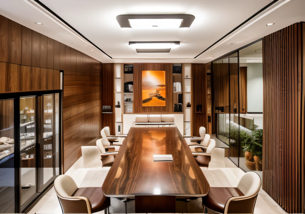 RAW photo, Masterpiece, high quality, best quality, authentic, super detail, interior, one meetting room office style modern, Wooden display cabinet with acrylic cabinet doors, wooden meeting table, glossy gray ceramic tile floor, (Modern minimalist lines:1.2), railing glass, glass windows, ((sunset)), archdaily architecture, (high detailed :1.2), 8k uhd, dslr, nature lighting, high quality, photography shot with Leica CL with Leica Summilux-TL 35mm f-1.4 ASPH
