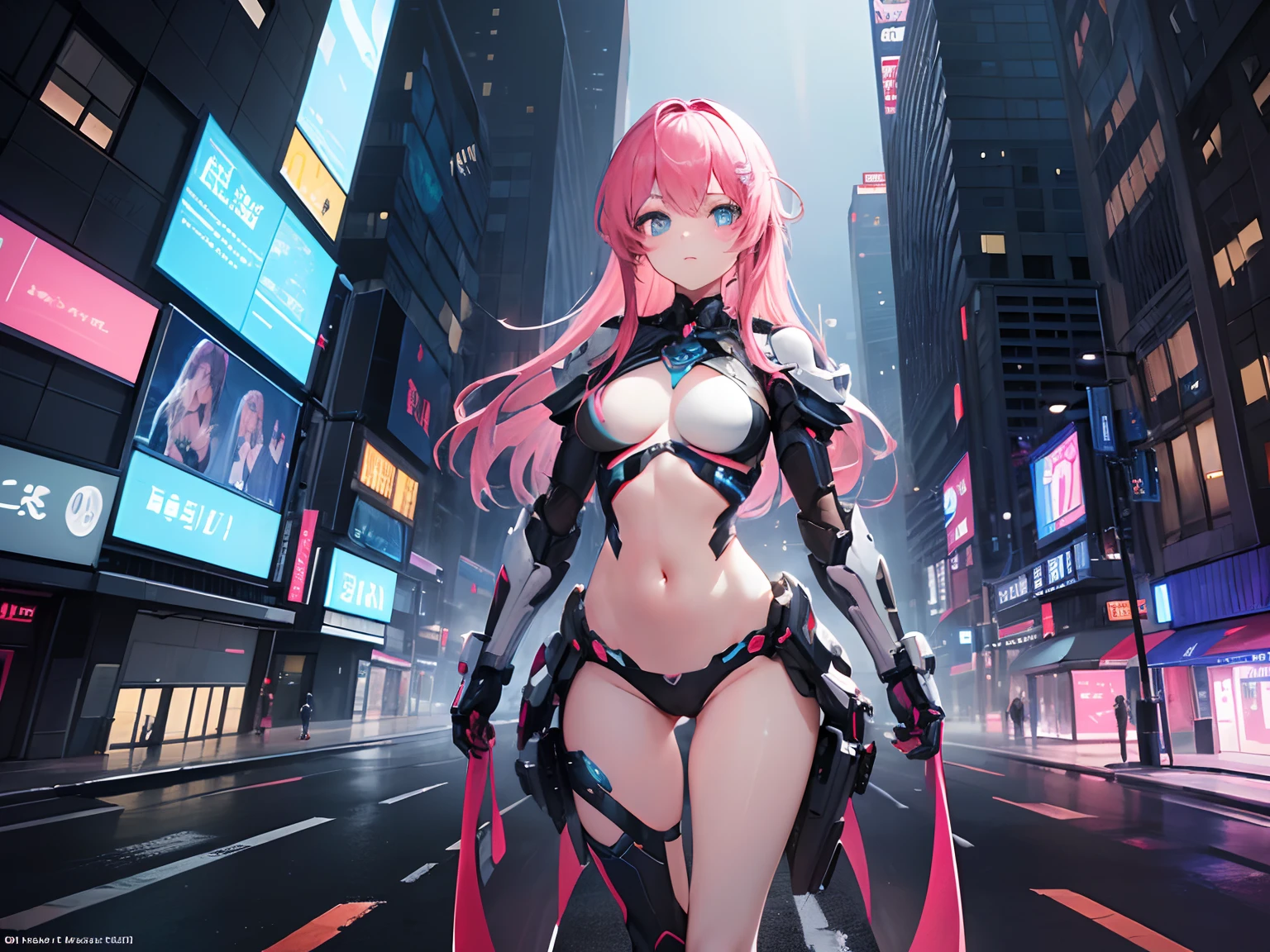 ((Masterpiece, Highest quality)), Detailed face, Beautiful face， full bodyesbian, Full of details, Highly detailed, Depth, Beautiful girl with pink hair，with hair dishevelled，long pink hair，Sick，White pupils，The legs are very thin，The legs are long, blue eyelashes, ​masterpiece, 1girl ((20year old, futuristic mech armor exposes navel, medium breasts,  flirting, looking towards camera, flying in the middle of a sci-fi futuristic urban street, neon lights and towering skyscrapers, futuristic and energetic atmosphere), ((nighttime)) ((low camera angle, ground view)) Tall and tall，Thin, 8k, ultrarealistik, oficial art,