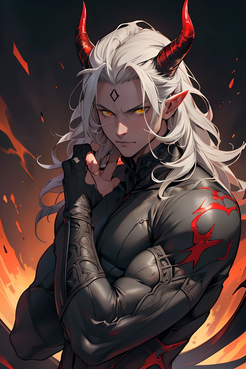 Anime man white hair, red eyes, black fireball in hand, digital art, white hair, crimson red eyes, Fire around, standing, neutral background, arcane art style, long hair, male character, black clothing, black fire, katana in hand, brave look, battle wounds, black hooded outfit