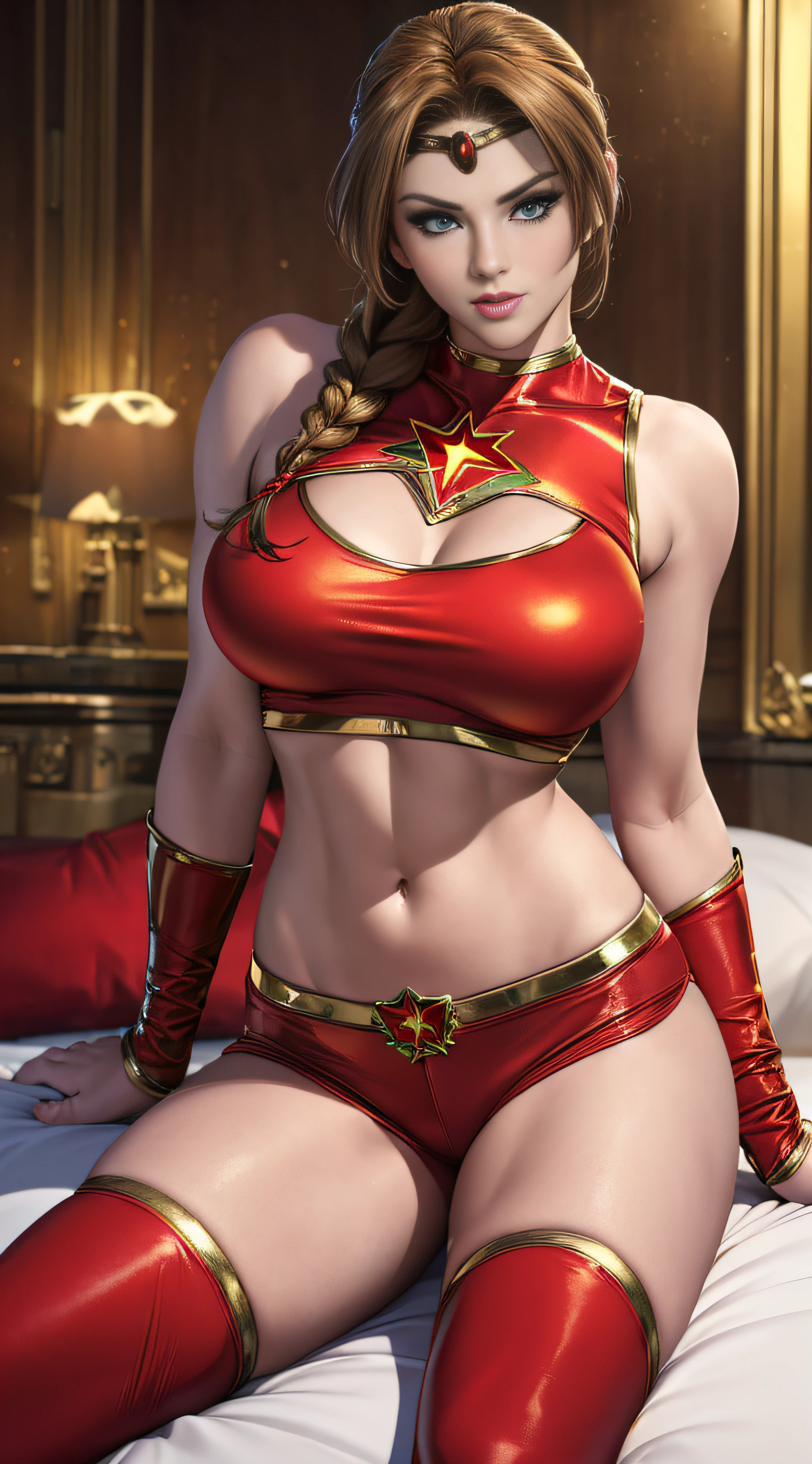 (best quality,4k,8k,highres,masterpiece:1.2),ultra-detailed,(realistic,photorealistic,photo-realistic:1.37),,superhero,sexy ,(izabela ion as beautiful female superheroine ,braided ponytail , red sleeveless crop shirt, with a golden Star, midriff wears (a golden tiara with a red gem on forehead) , golden bracelets, long red boots, and small red shorts) (Venus Star) (tiara) (green eyes) UHD (laying on bed)
