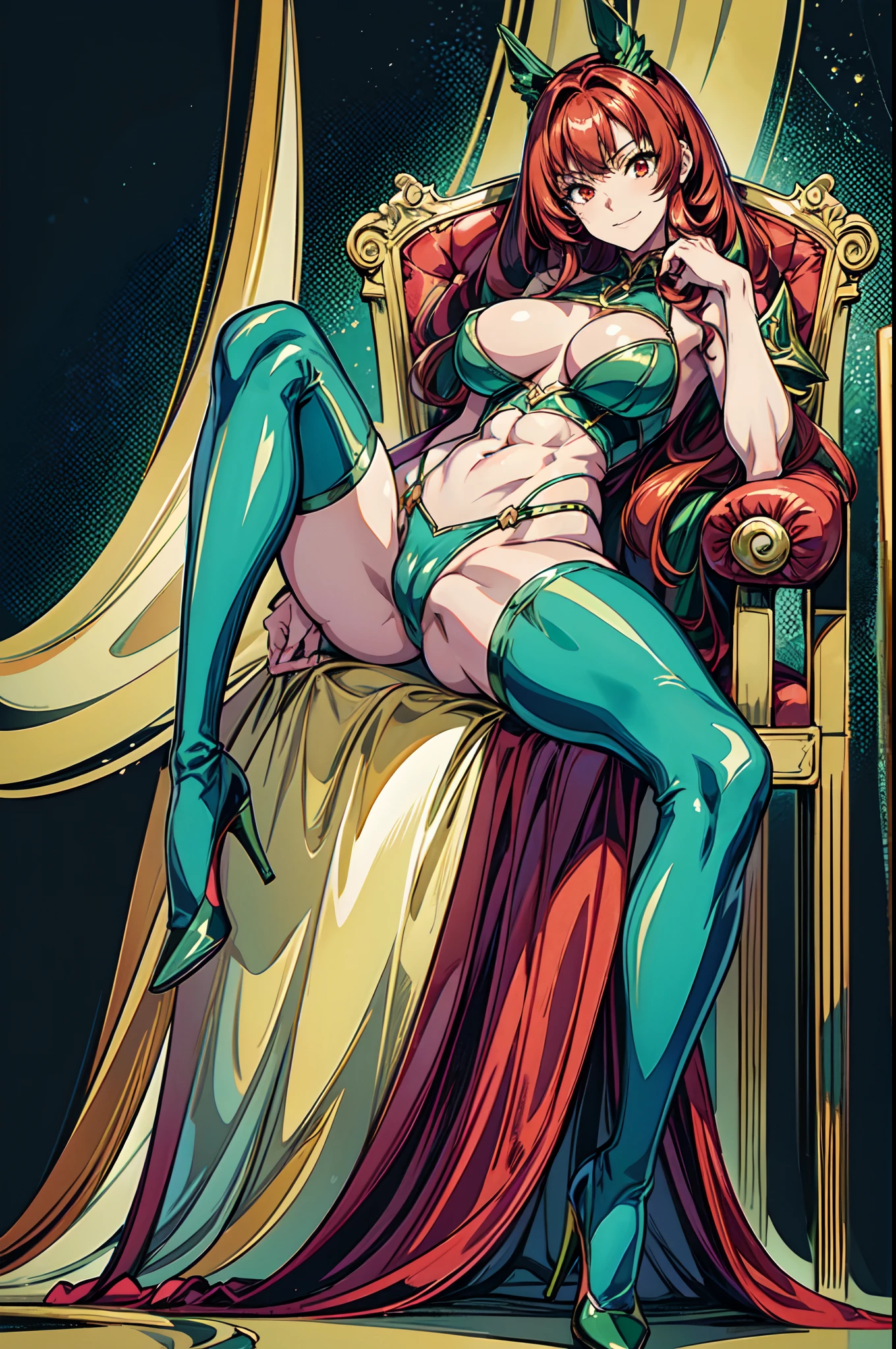 masterpiece:2, best quality:2, highly detailed:2, 8k, horror background, anime, 1girl\(20-year-old, witch, kneel, grinning, evil, athletic:1.2, muscular:1.2, abs:1.2, long legs:1.4, curly red hair, big breasts, green stockings, green thigh boots with high heels, revealing clothes:1.2, slender waist, tight butts, beautiful face, red eyes, dynamic pose\), full-body image:1.2