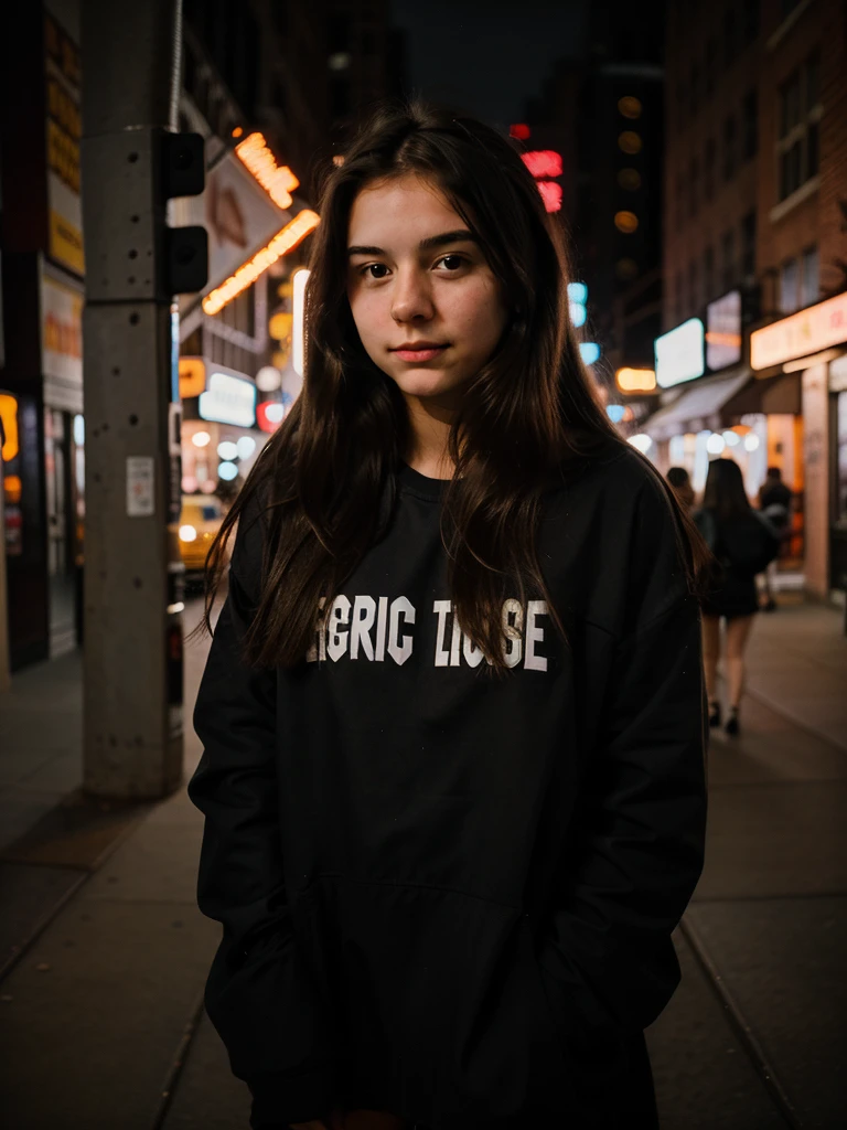 random cinematic portrait cute 18 years old girl straight hair, night in New York