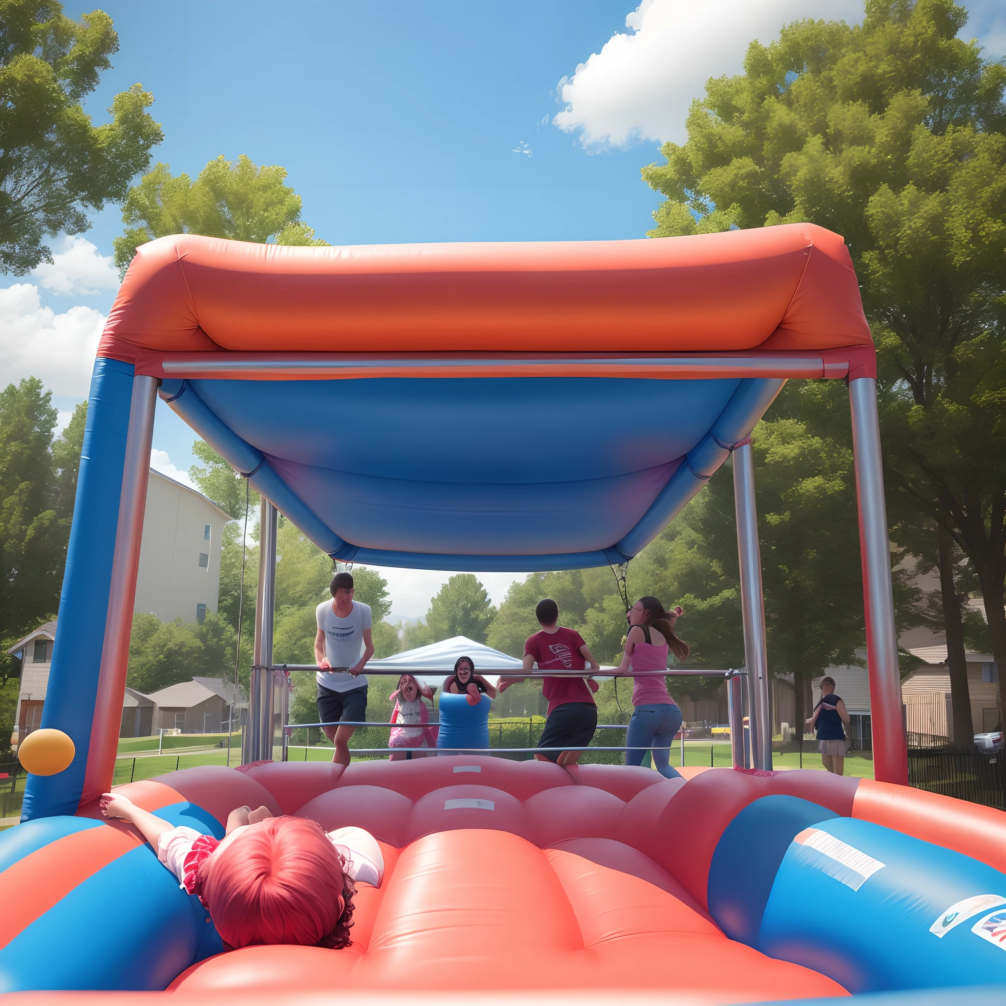 people playing on bounce house