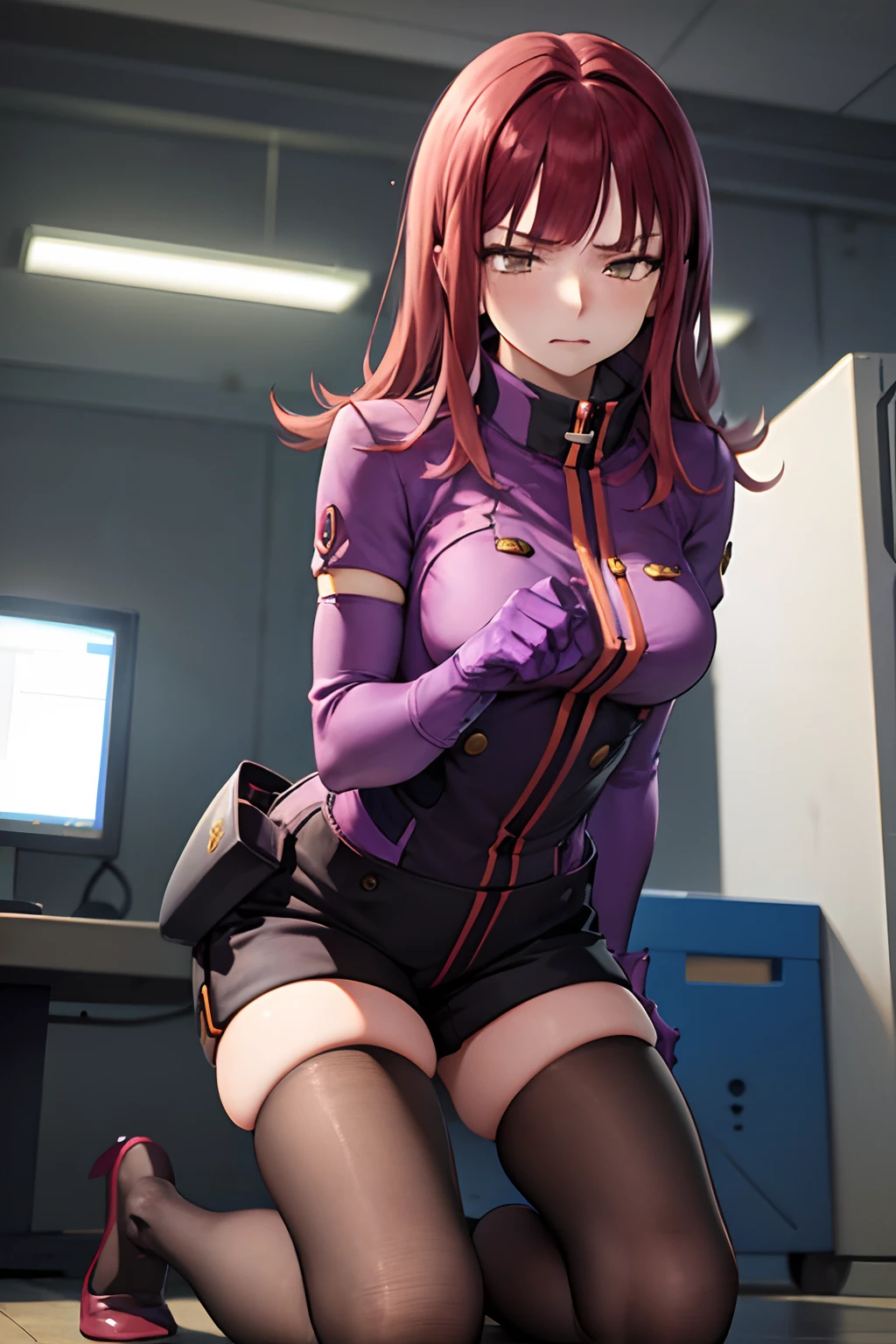 masutepiece, Best Quality, absurderes, Perfect Anatomy, 1girl in, Solo, Yoko Katori, Long hair, purple thighhighs, elbow groves, Purple gloves, Black shorts, uniform, thigh holster, Kneeling, embarassed expression、((Getting Caught by a Machine))