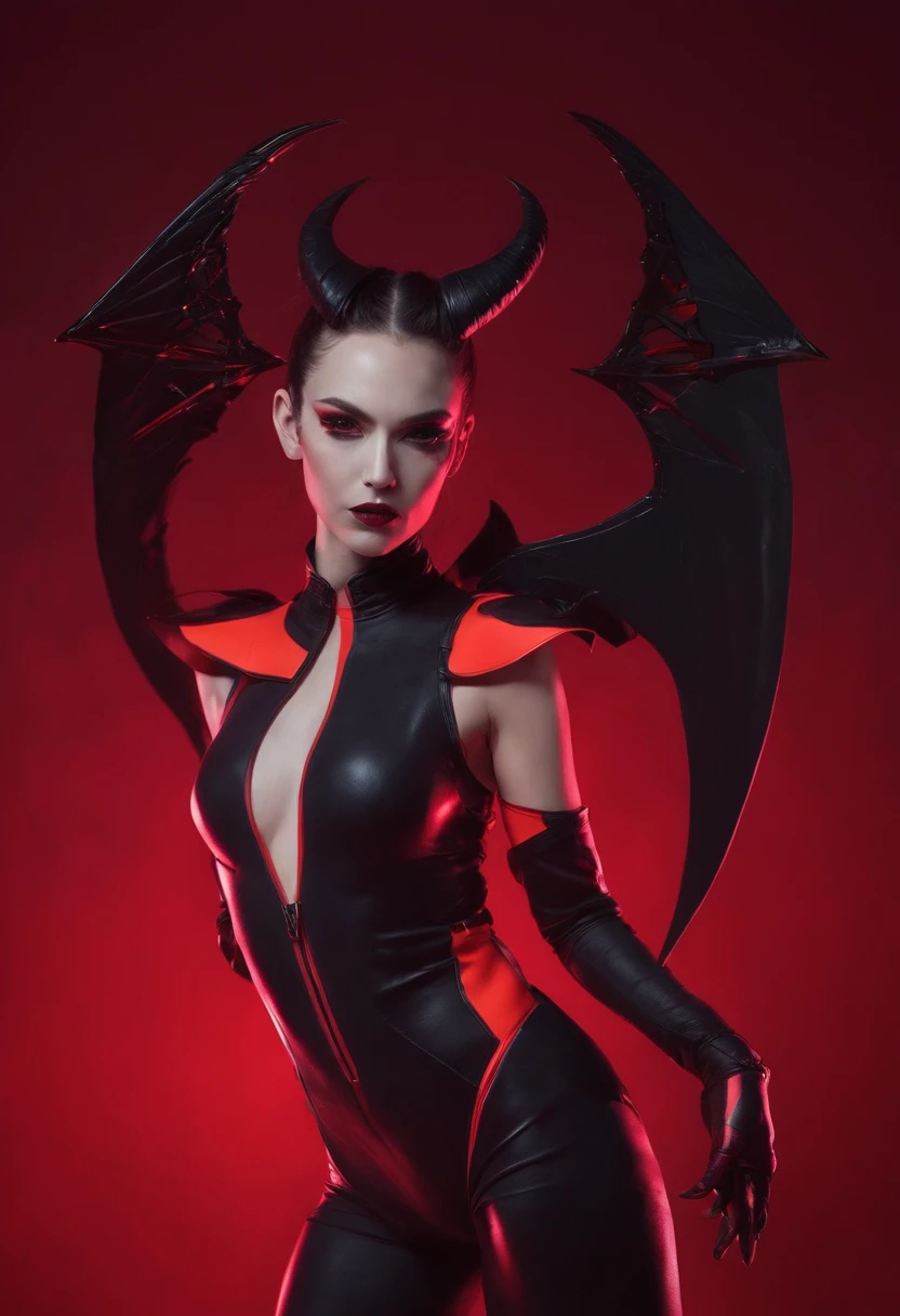 horned demon woman with black wings dressed in futuristic leotard posing for a photo in a studio, red minimal background, red neon lights, darksynth aesthetic, horror cyberpunk, ultradetailed, masterpiece.