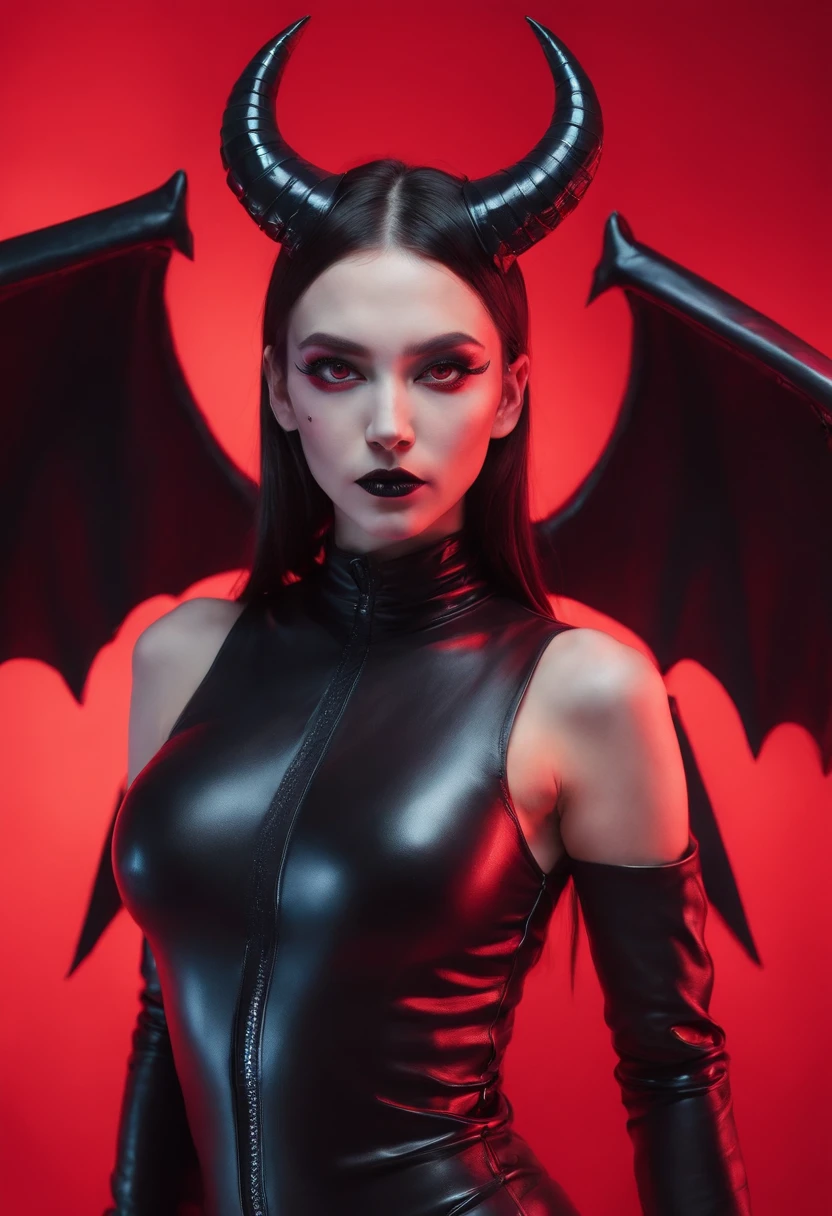 horned demon woman with black wings dressed in futuristic leotard posing for a photo in a studio, red minimal background, red neon lights, darksynth aesthetic, horror cyberpunk, ultradetailed, masterpiece.