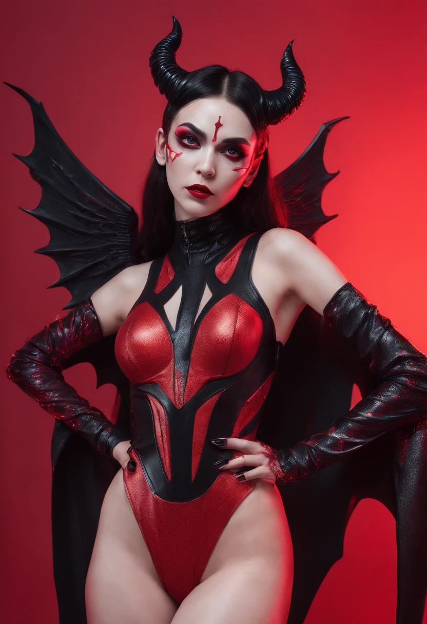 horned demon woman with black wings dressed in futuristic leotard posing for a photo in a studio, red minimal background, red neon lights, darksynth aesthetic, horror cyberpunk, ultradetailed, masterpiece.