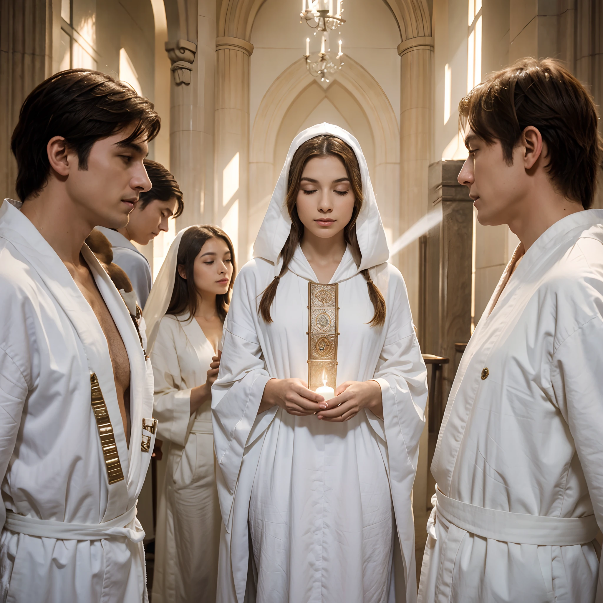 great white brotherhood of light. a small group of ancient master and lady in white robe, all in beautiful aura