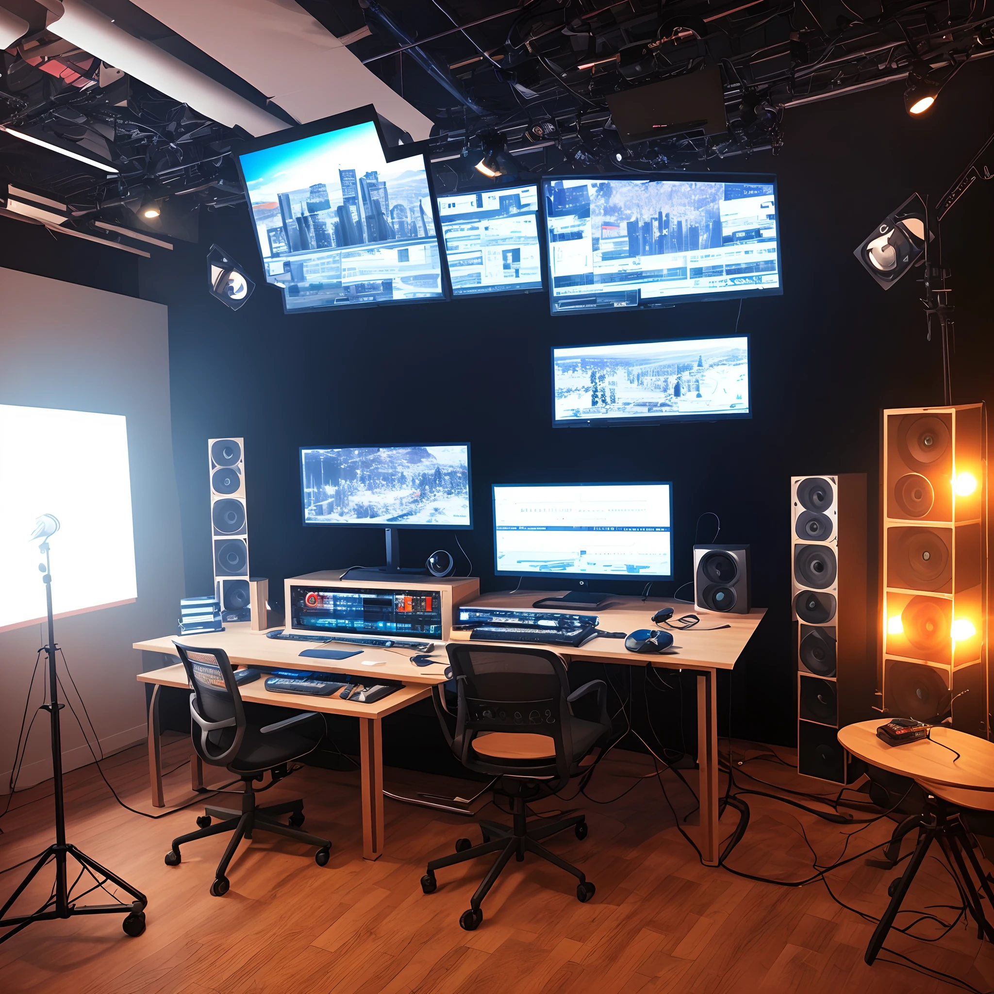 generate a high-tech, futuristic podcast studio, using eye catching HD images, and ambient lighting. Image should be 16:9 and in 4K resolutiin