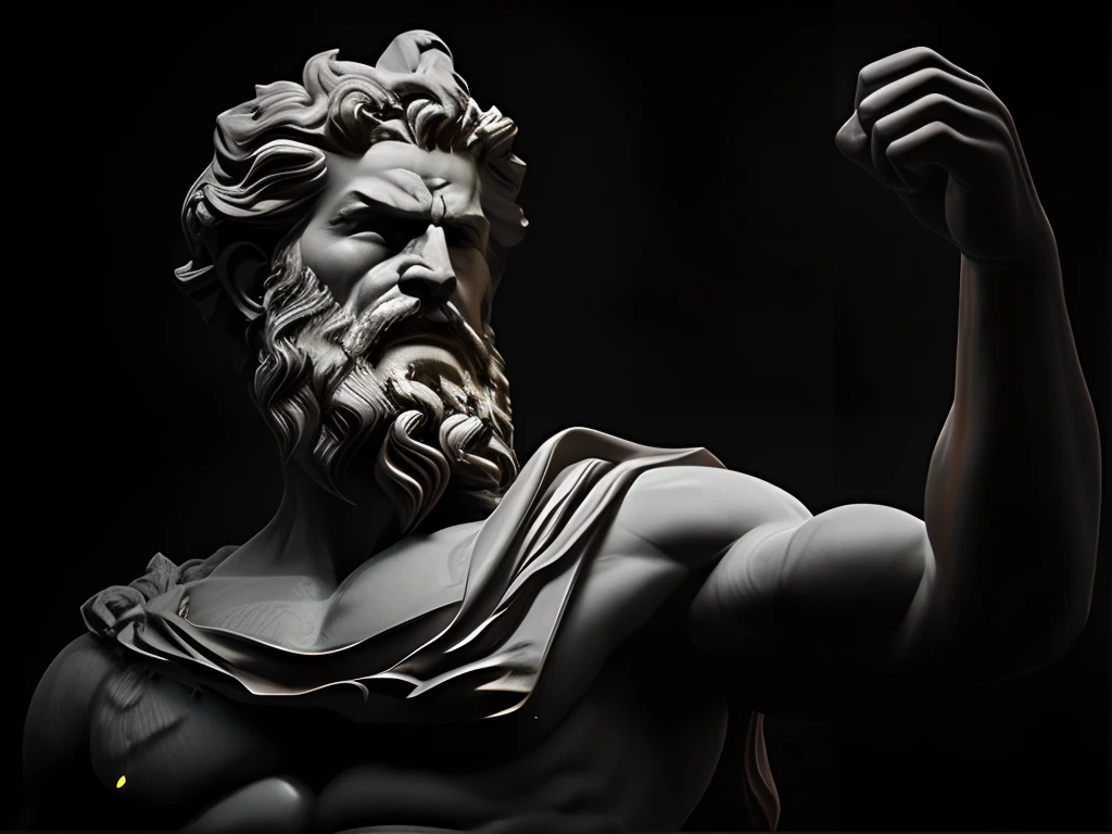 A statue of a man with a beard and fist, Furioso Deus Zeus, Retrato de Zeus acidentado, Destaque no Zbrush Central, Arnold e Zbrush, statue of hercules looking angry, Retrato Zeus, O Deus Zeus, epic scene of zeus, statue of zeus, deus grego, Escultura de argila CGI, zbrush 3 d render, portrait of demigod hercules
