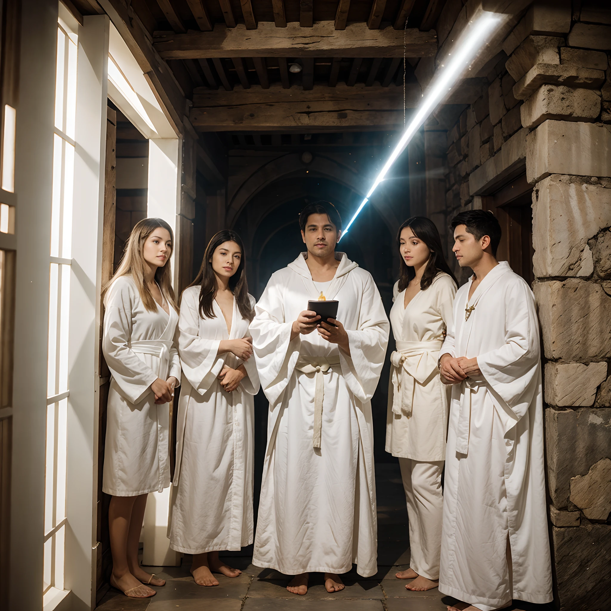 great white brotherhood of light. a small group of ancient master and lady in white robe, all in beautiful aura