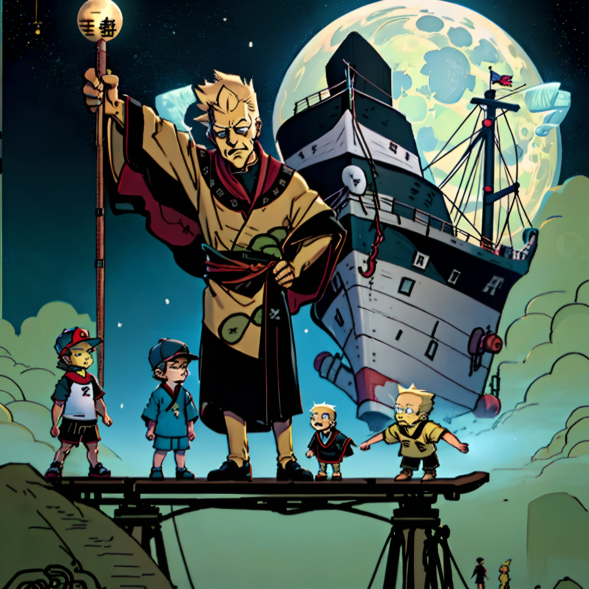 Bart Simpson dressed in akatsuki shirt and shorts with backwards cap standing holding a skateboard, along with Rick and Morty also dressed in akatsuki robes and all of them on the moon with a ship parked behind them