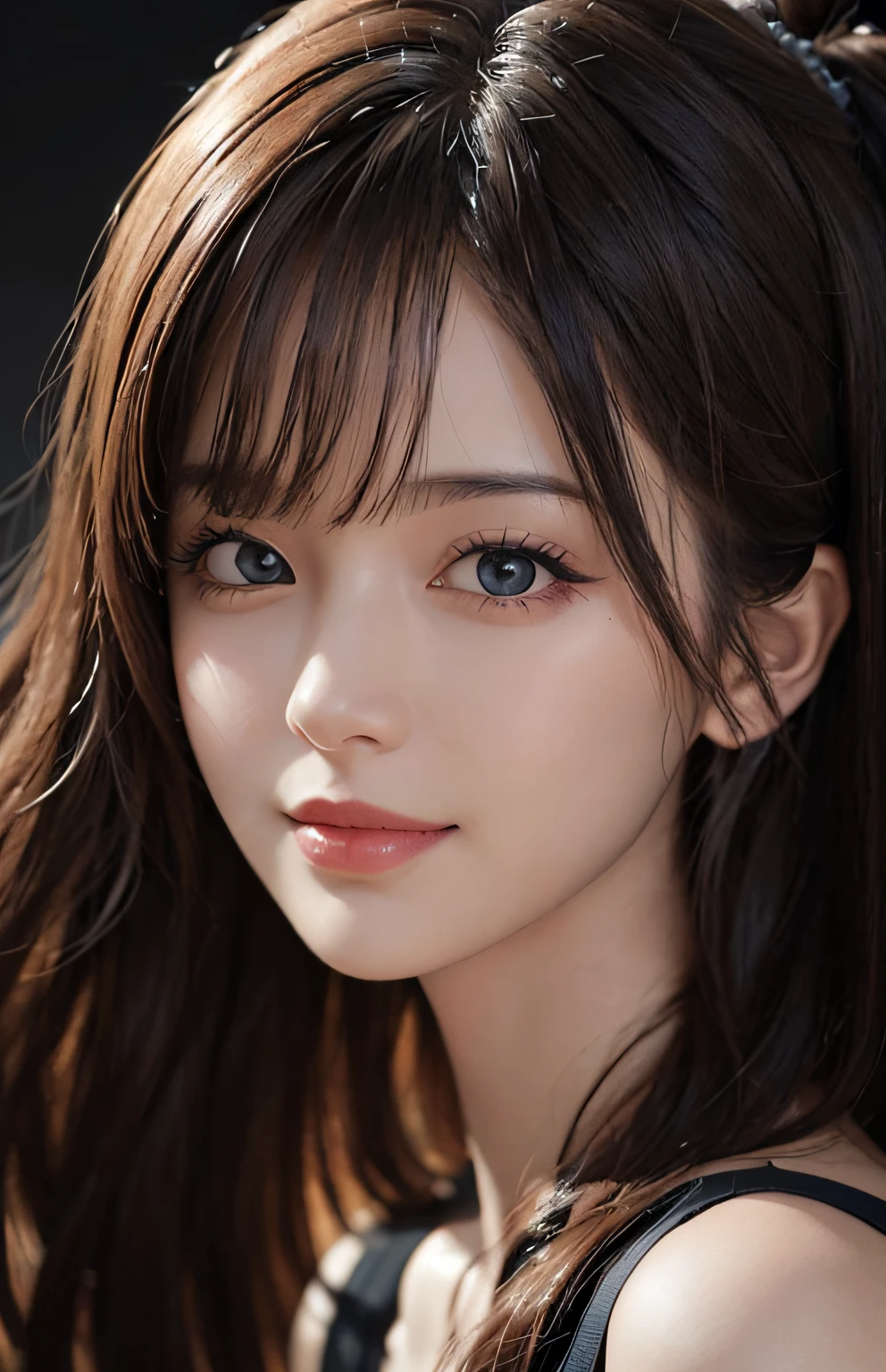 Masterpiece, 1 Beautiful Girl, Detailed Eyes, Swollen Eyes, Best Quality, Ultra High Resolution, (Reality: 1.4), Original Photo, 1Girl, Green Eyes, Cinematic Lighting, Smiling, Japanese, Asian Beauty, Korean, Clean, Super Beautiful, Little Young Face, Beautiful Skin, Slender, Cyberpunk (ultra realistic), (illustration), (high resolution), (8K), (very detailed), (best illustration), (beautifully detailed eyes), (super detailed), (wallpaper), (detailed face), viewer looking, fine details, detailed face, in the dark, deep shadow, low key, pureerosfaceace_v1, smile, Long hair, Straight hair, 46 point diagonal bangs