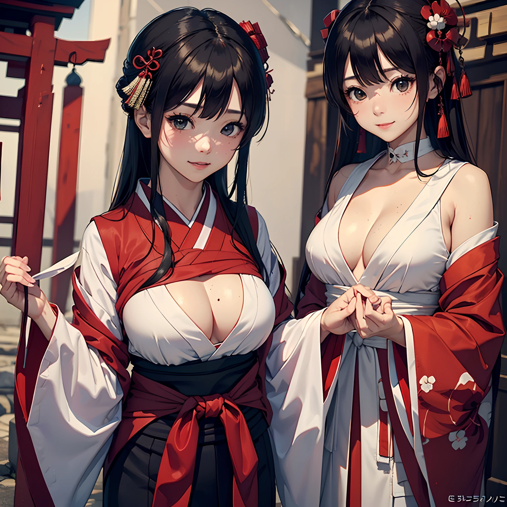 Best Quality、masutepiece、(shrine maiden、soio、japanes、Beautuful Women、25-years old、Beautuful Women:1.5、cute little:2、spotless、D-cups)、shrines、(ssmile、slightly red cheeks)