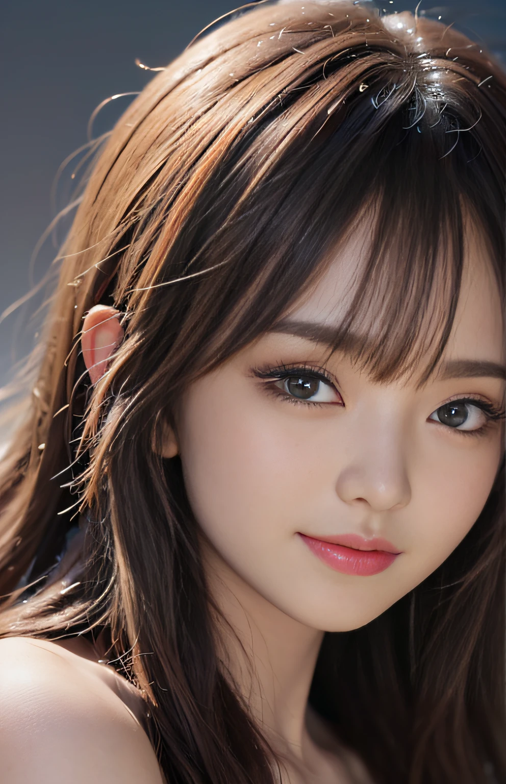 (Ultra Realistic), (Illustration), (Increased Resolution), (8K), (Extremely Detailed), (Best Illustration), (Beautiful and Detailed Eyes), (Best Quality), (Ultra Detailed), (Masterpiece ), ( wallpaper), (detailed face), solo, 1 girl, looking at viewer, fine details, detailed face, in the dark, deep shadows, low key, pureerosfaceace_v1, smiling, long hair, black shawl straight hair , 46 points oblique bangs