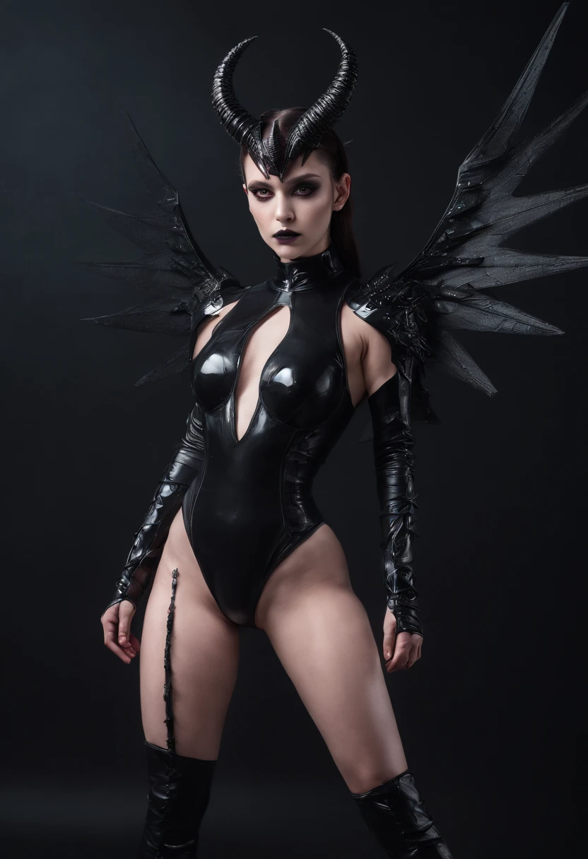 horned demon woman with black wings dressed in futuristic leotard posing for a photo in a dark studio, minimal background, darksynth aesthetic, horror cyberpunk, ultradetailed, masterpiece.