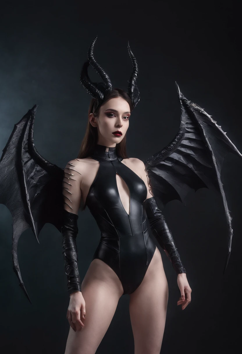 horned demon woman with black wings dressed in futuristic leotard posing for a photo in a dark studio, minimal background, darksynth aesthetic, horror cyberpunk, ultradetailed, masterpiece.