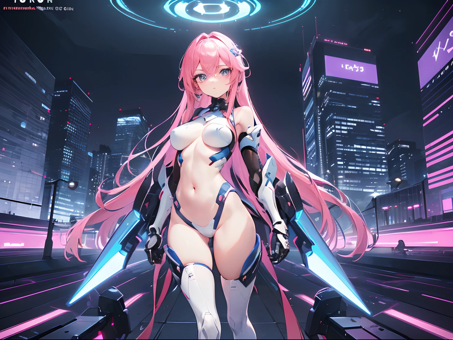 ((Masterpiece, Highest quality)), Detailed face, Beautiful face, full bodyesbian, Full of details, Highly detailed, Depth, Beautiful girl with pink hair,with hair dishevelled,long pink hair,Sick,White pupils,The legs are very thin,The legs are long, blue eyelashes, masterpiece, 1girl ((20year old, futuristic mech armor exposes navel, medium breasts, naked, flirting, looking towards camera, standing in the middle of a sci-fi futuristic urban street, neon lights and towering skyscrapers, futuristic and energetic atmosphere), ((nighttime)) ((low camera angle, ground view)) Tall and tall,Thin, 8k, ultrarealistik, oficial art,