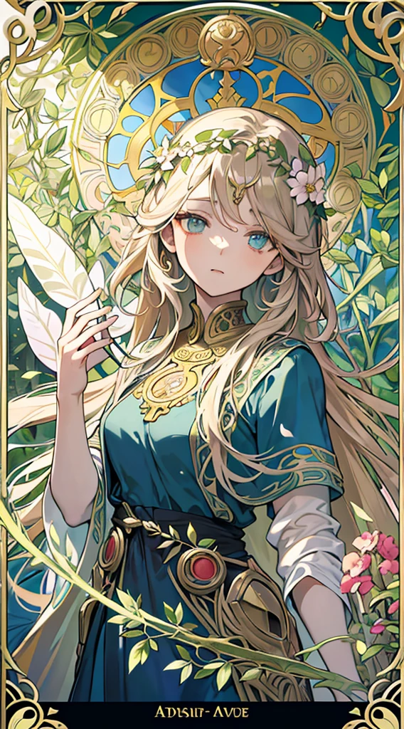 absurdres, best quality, fine detailed, 8k, tarot card style frame, Alphonse Mucha, art nouveau, art deco, 1girl, ancient Greek dress, chiton, flowers in hair, messy hair, garden, olive leaves, petals, vines, Beautifully detailed eyes, beautiful shiny detailed hair, warm light, upper body