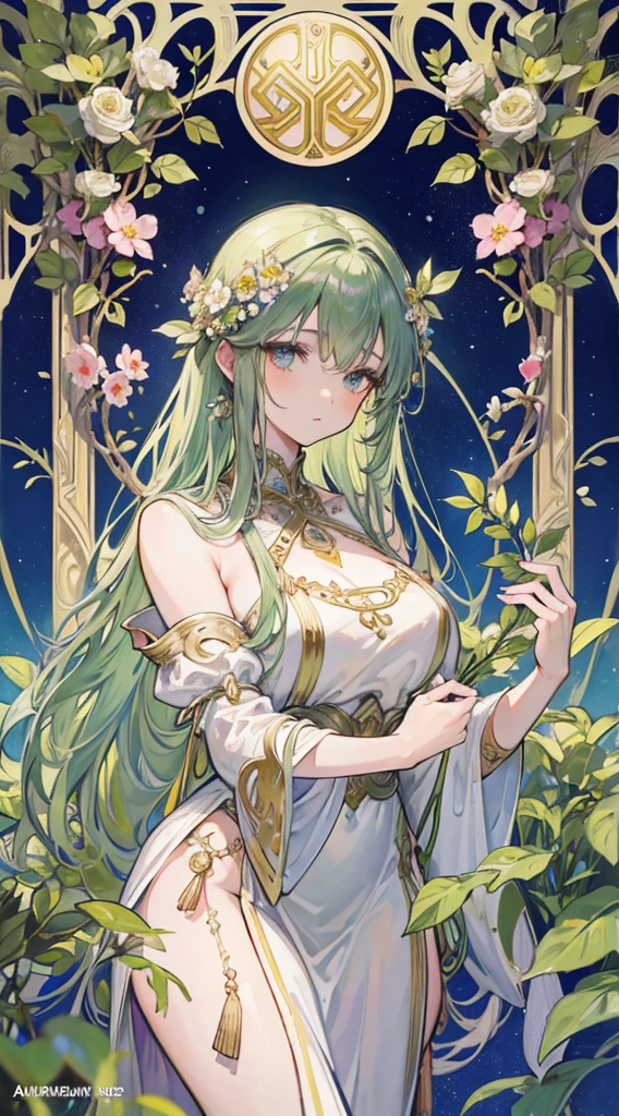 White evening dress,Green and white hair,Bare legged,With a tiara,huge tit