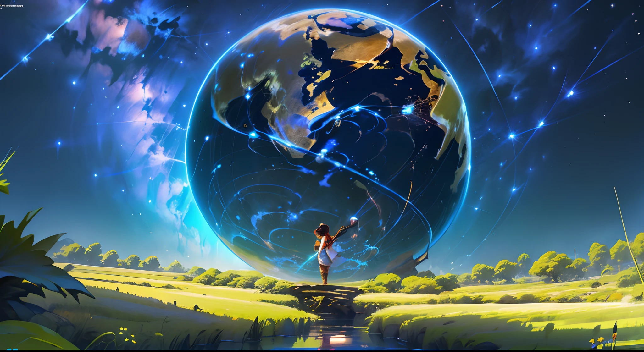 Banner de canal no youtube, cores: Fundo escuro com elementos em cores mais claras Elementos: A globe representing the world and curiosity An open bible representing faith and religion A flower representing nature and beauty A lightning bolt representing science and discovery Text: No centro: "Ir.. Hug", remova o objeto do centro e coloque um texto com a seguinte frase, "MrEmbra"