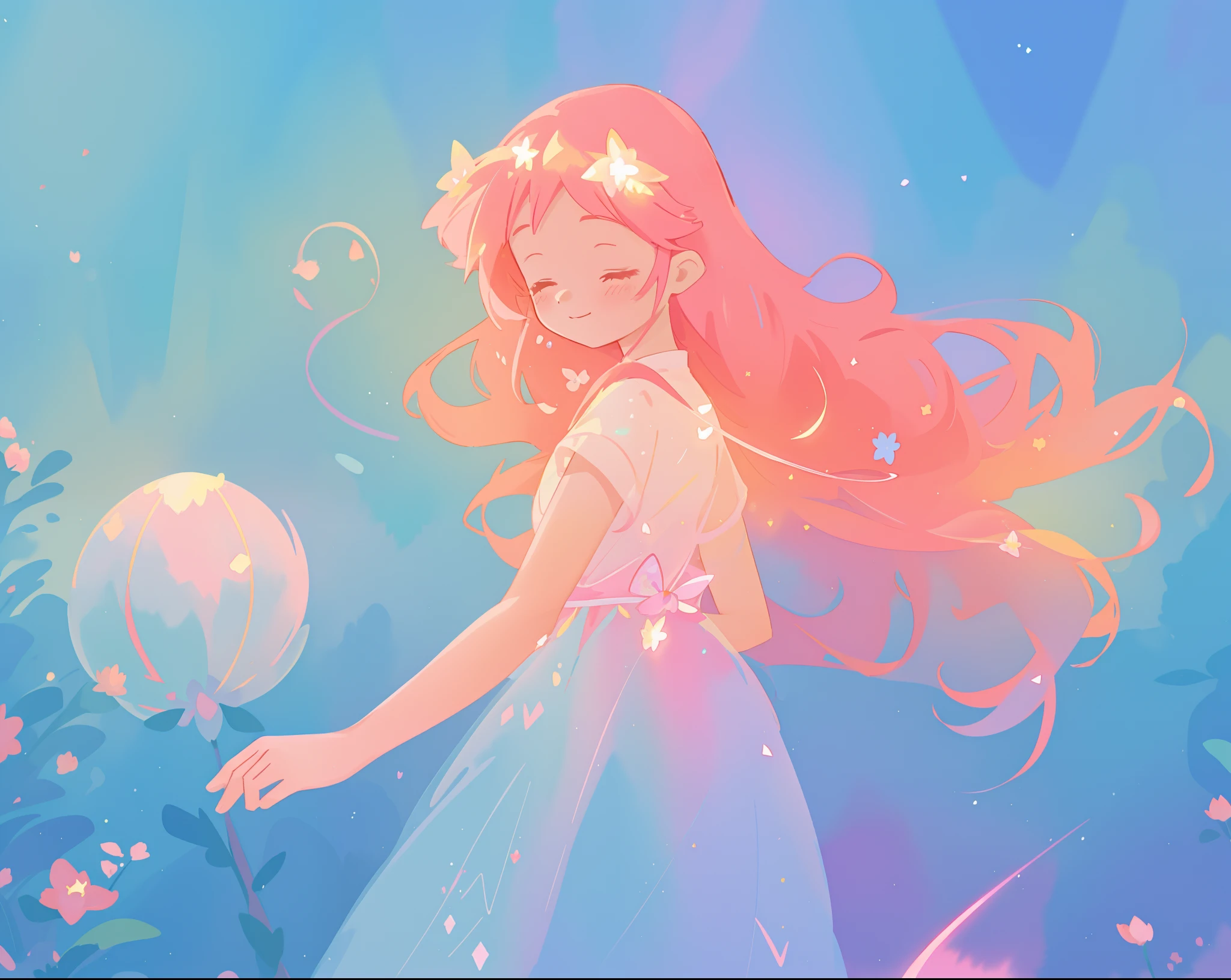 beautiful girl in sparkling flowing dress, long flowing pink hair, colorful fantasia background, watercolor illustration, disney art style, glowing aura around her, glowing lights, beautiful digital illustration, fantasia otherworldly landscape plants flowers, beautiful, masterpiece, best quality, anime disney style