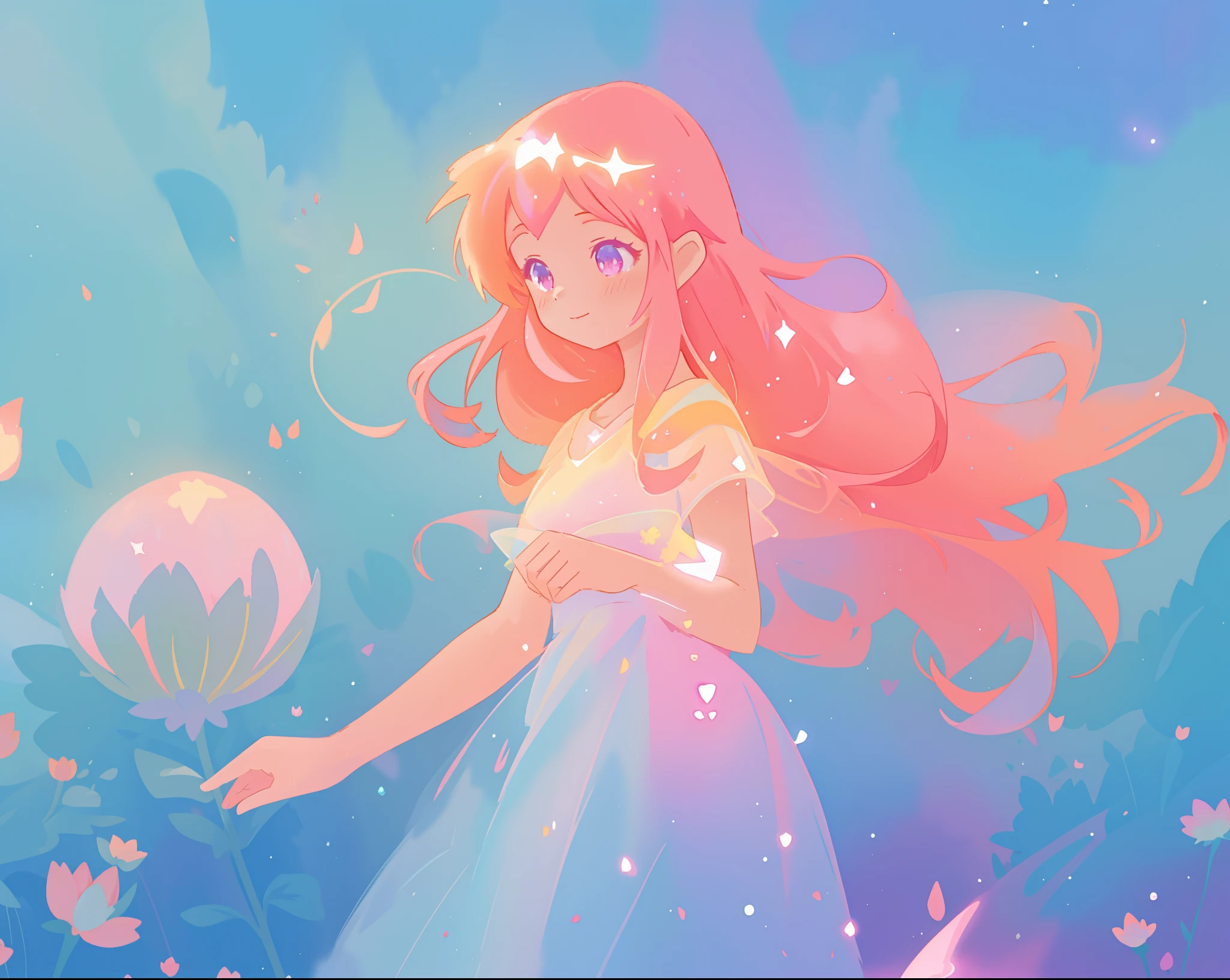 beautiful girl in sparkling flowing dress, long flowing pink hair, colorful fantasia background, watercolor illustration, disney art style, glowing aura around her, glowing lights, beautiful digital illustration, fantasia otherworldly landscape plants flowers, beautiful, masterpiece, best quality, anime disney style