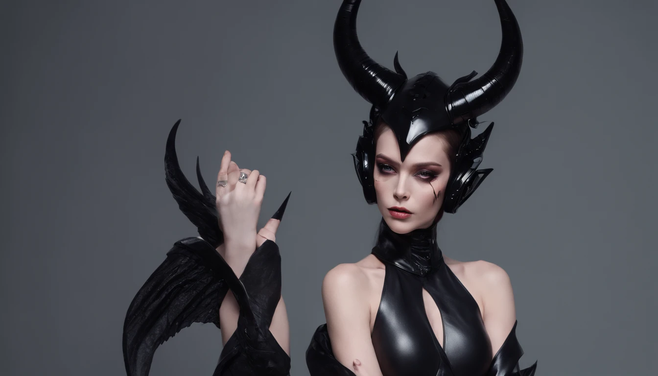 horned demon woman with black wings dressed in futuristic leotard posing for a photo in a dark studio, minimal background, darksynth aesthetic, horror cyberpunk, ultradetailed, masterpiece.