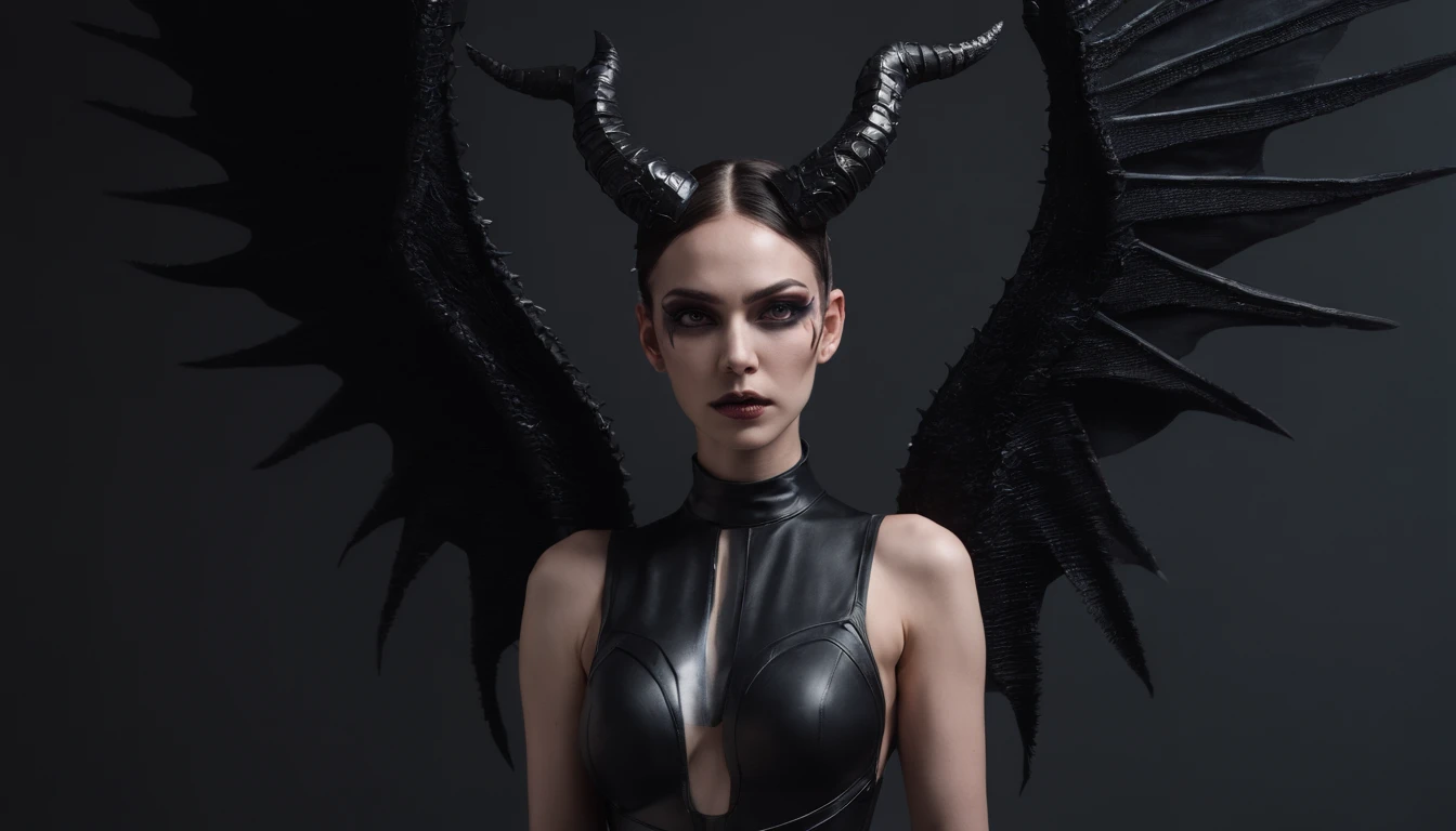 horned demon woman with black wings dressed in futuristic leotard posing for a photo in a dark studio, minimal background, darksynth aesthetic, horror cyberpunk, ultradetailed, masterpiece.