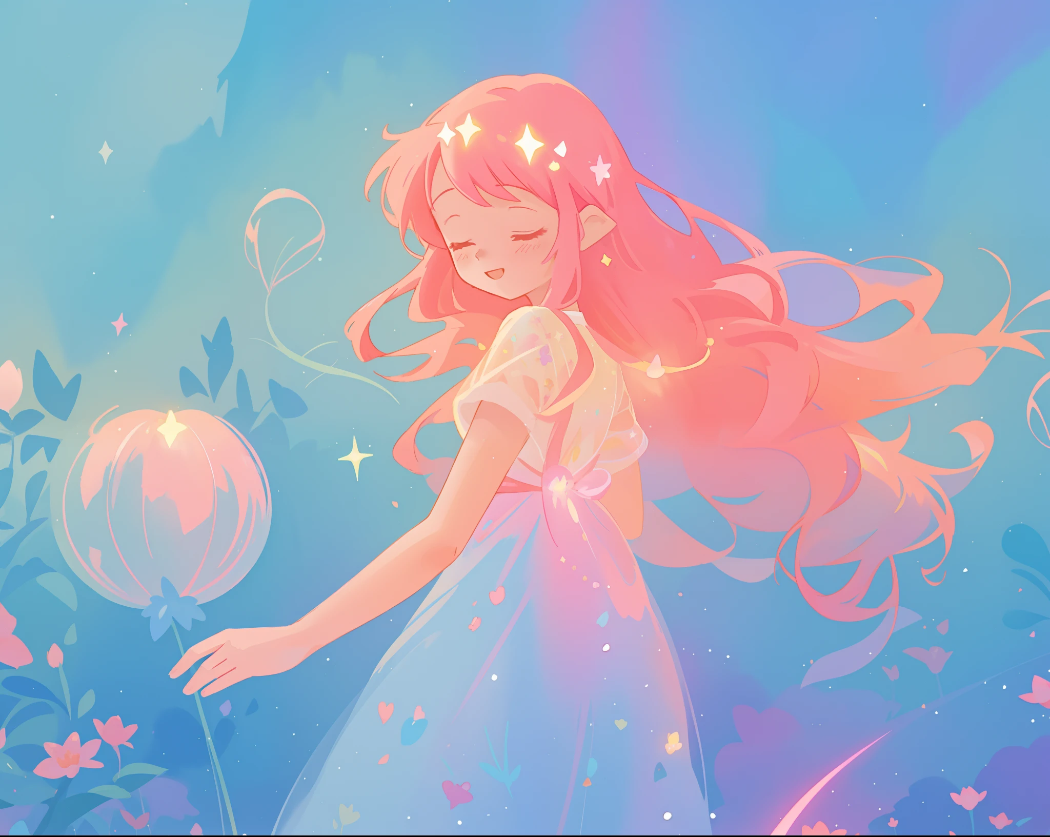 beautiful girl in sparkling flowing dress, long flowing pink hair, colorful fantasia background, watercolor illustration, disney art style, glowing aura around her, glowing lights, beautiful digital illustration, fantasia otherworldly landscape plants flowers, beautiful, masterpiece, best quality, anime disney style