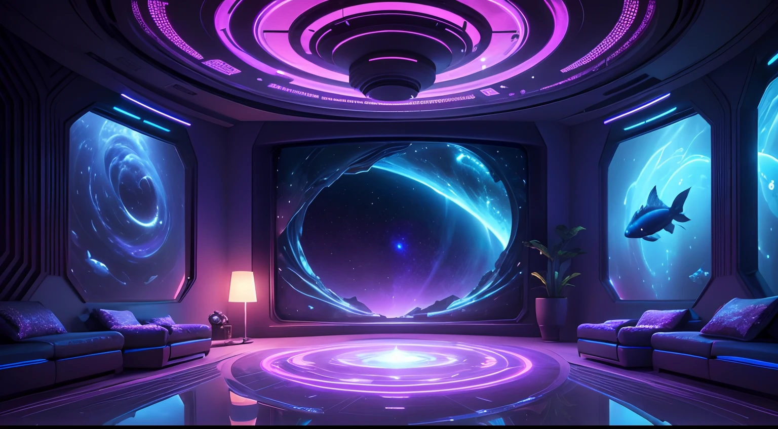 arafed room with a couch, table, and a lamp in it, galaxy themed room, dmt under water behind, futuristic room, beautiful space, holographic space, alien room background, space graphics art in background, scifi room, virtual metaverse room, in a cyberpunk themed room, subterranean galaxy, fantastic space, whimsical and psychedelic, surreal space, fishes, under water, neon,