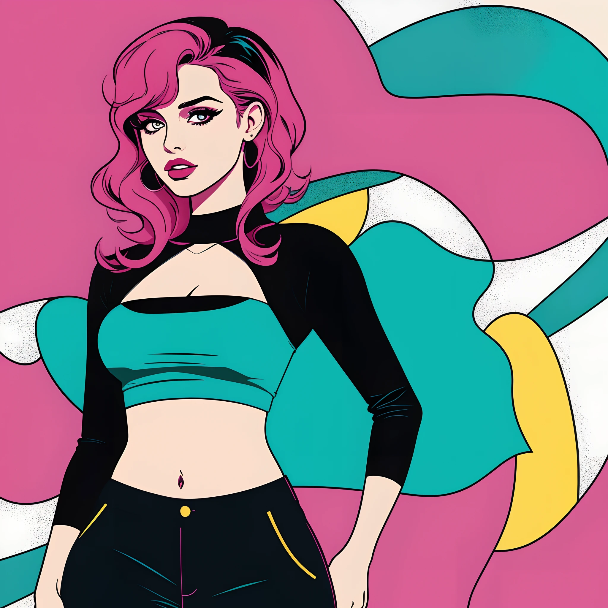 (best quality,4k,highres),popart poster,vector illustration,colorful,1girl as bbardot with dark eye makeup,wearing midriff top and pants,vibrant colors, perfect anatomy, art style of patrick nagel,sharp focus.