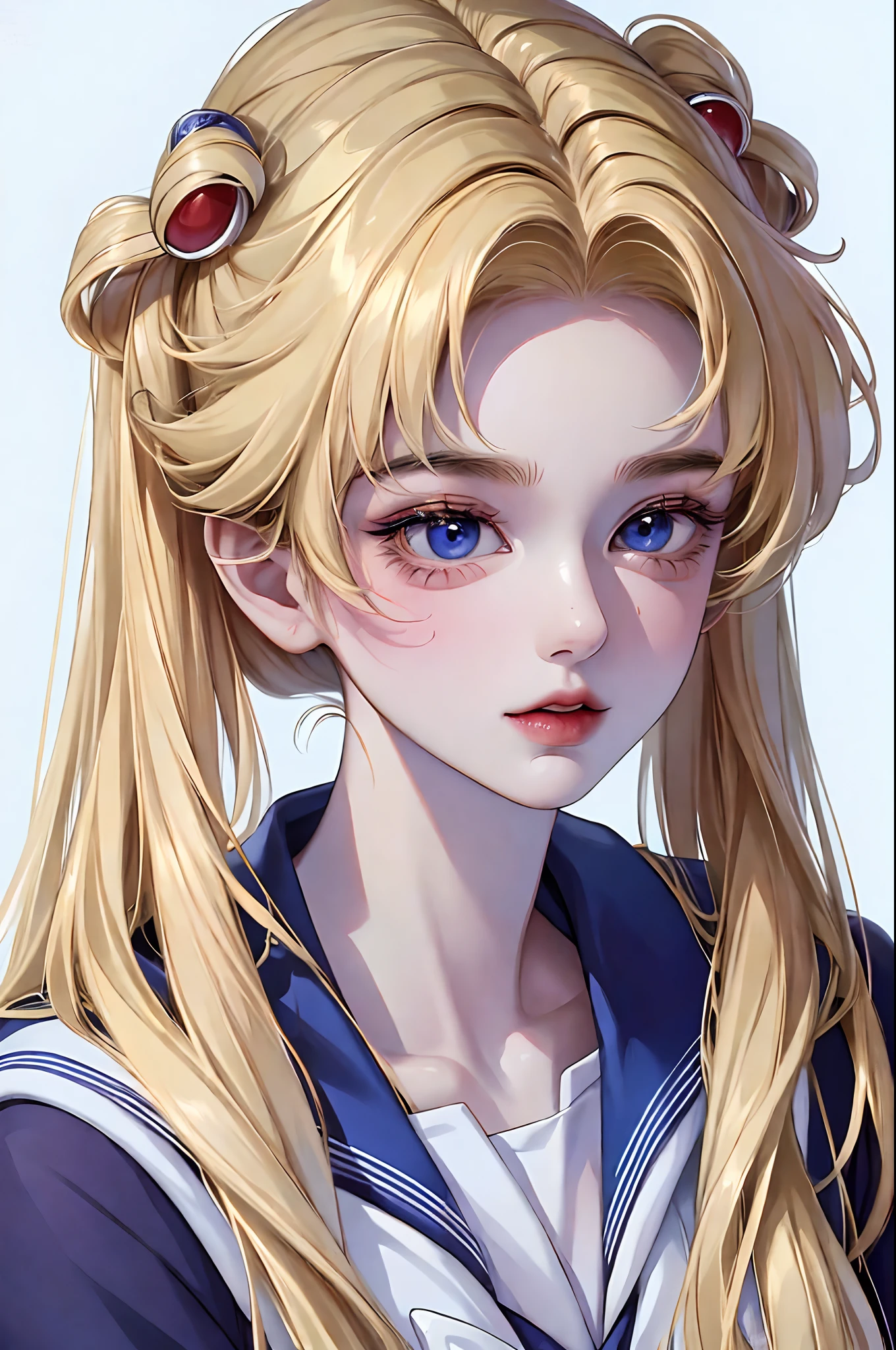 1 girl, Absurdres masterpiece HDR high quality portrait of sailor moon a beautiful girl with beautiful blonde hair and anime eyes pale lips wearing school uniform outfit in a white background