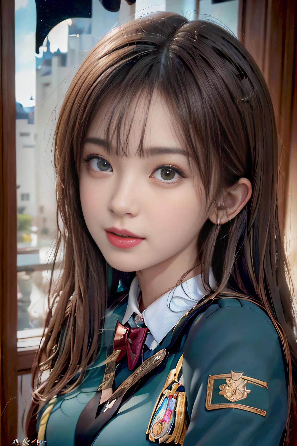 (A hyper-realistic)、(illustratio)、(hight resolution)、(8K)、(ighly detailed)、(Best Illustration)、(beautifully detailed eyes)、(top-quality)、(ultra-detailliert)、(​masterpiece)、(wall-paper）、（A detailed face）、独奏、1 girl in、looking at viewert、fine detailed、A detailed face、in the darkness nigth、deep-shadows、lowkey、pureerosfaceace_v1、A smile、long、Black shawl straight hair、46-point diagonal bangs,female students、((Emblem on the chest of the white blazer of the uniform))、Translucent white blouse、(red bowtie)、（(Miniskirts in bright colors,Check stripe)（）、A smile,