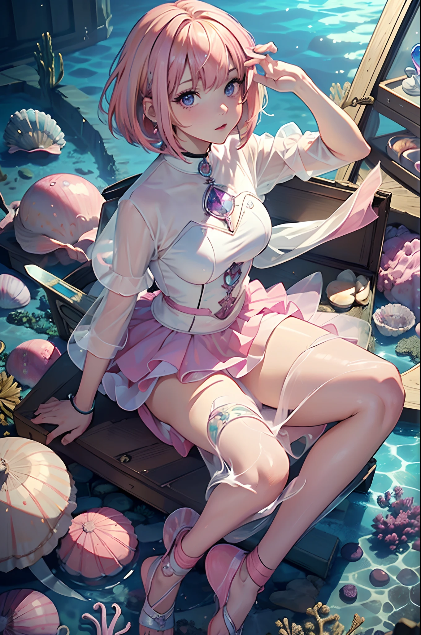 (Masterpiece, Top Quality, Best Quality, Official Art, Beautiful and Aesthetic: 1.2), (White Wood Box resembles glass case, with Under the Sea image),sitting cute girl with (((Blonde and Pink Hair), Purple Clear Eyes,Layered Bob)), on the (crystal shellfish:1.2)